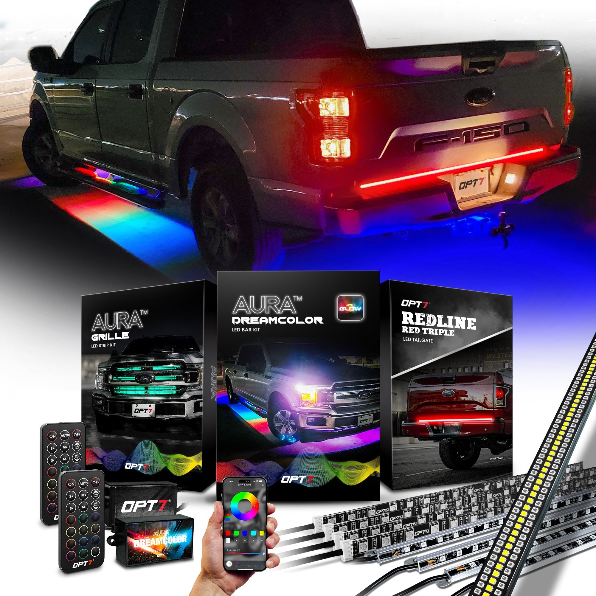 AURA LED Lighting Kit for Truck Bundle (Grille LED Kit + DreamColor Underglow LED Kit - Remote Control + Tailgate Triple Light Bar)