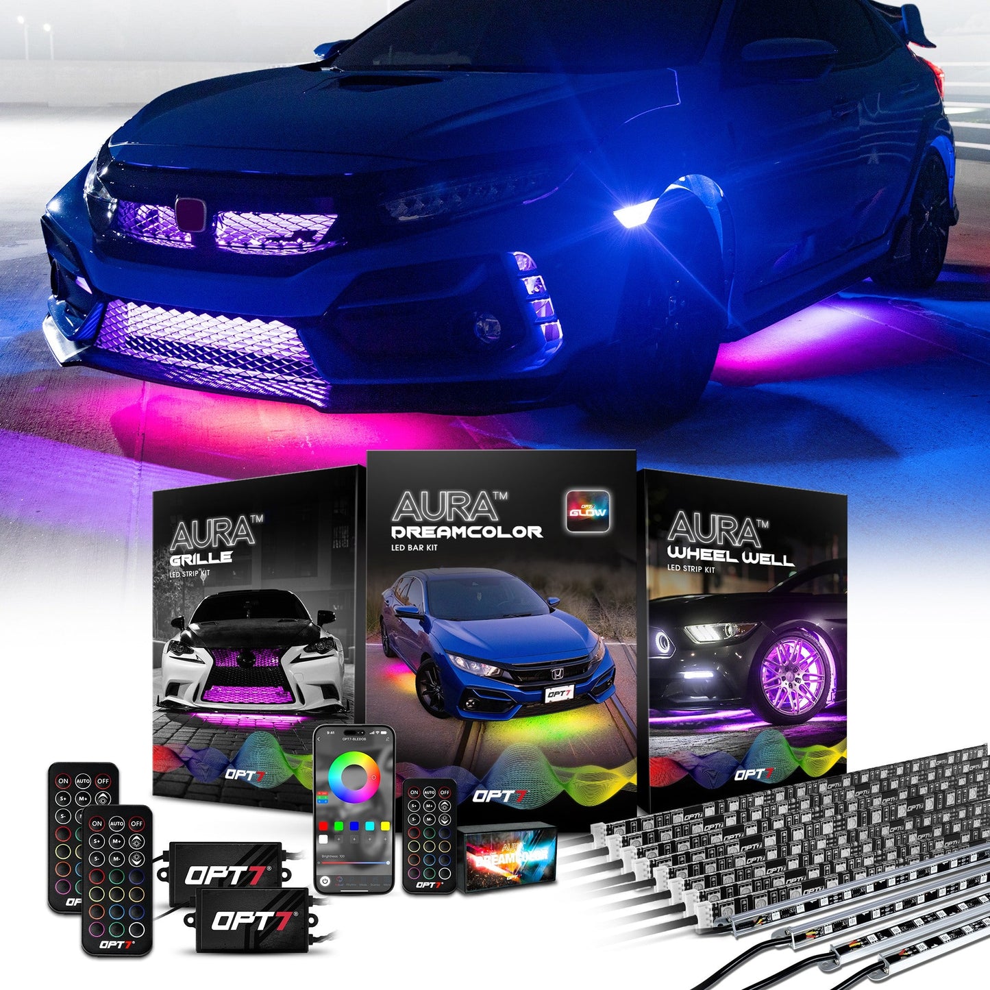 AURA LED Lighting Kit Bundle - Grille + Wheel Well + DreamColor Underglow - Remote Control