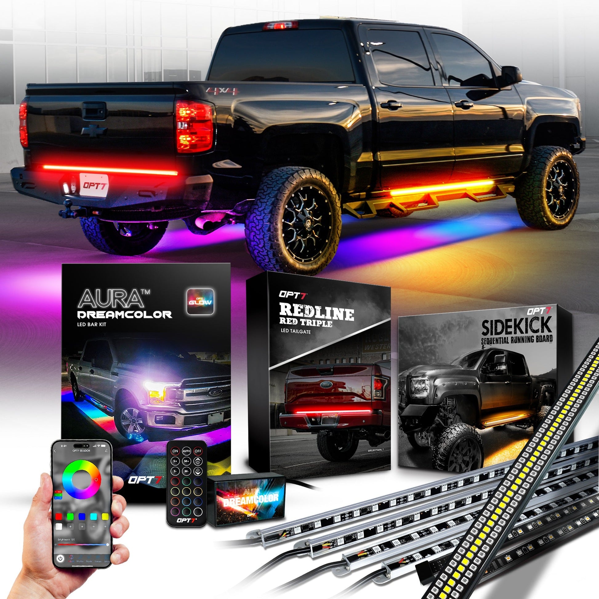 AURA LED Lighting Kit for Truck Bundle (DreamColor Underglow LED Kit - Remote Control + Tailgate Triple Light Bar + Sidekick LED Kit)