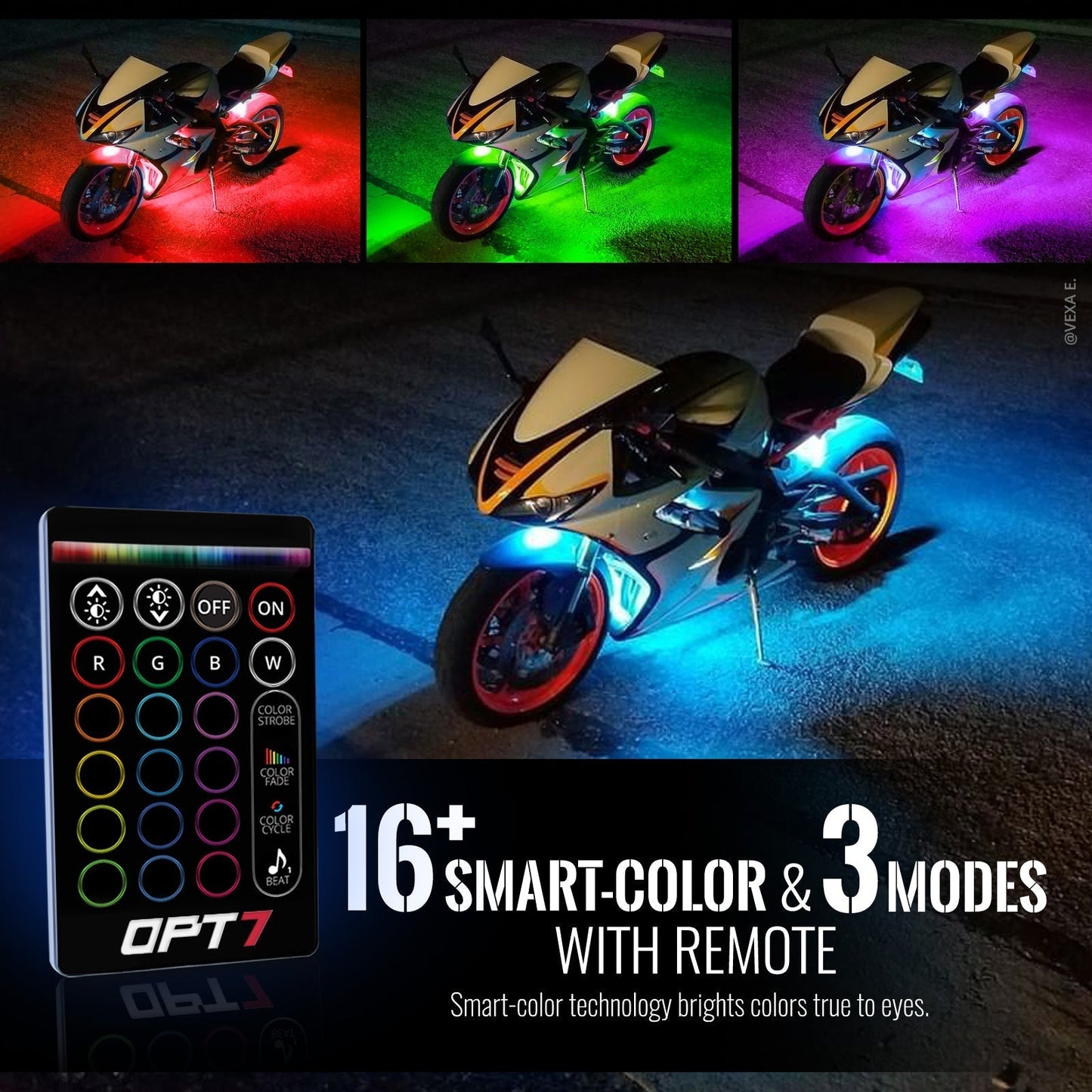 AURA Motorcycle Multi-Color LED Lighting Strip Kit for Cruisers Remote Control - Full Color Spectrum