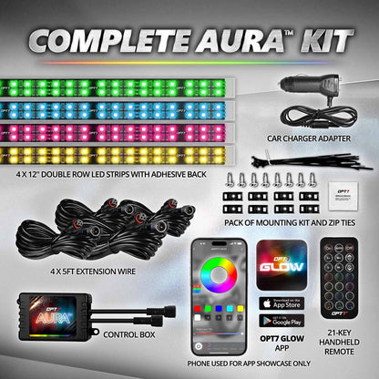 AURA PRO LED Double Row Interior Ambient Lighting Kit (4 x 12 Inch or 6 x 12-Inch) - Bluetooth Enabled APP Full Color Spectrum