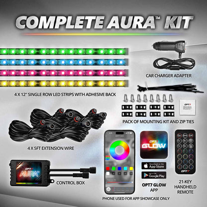 AURA PRO LED Interior Ambient Lighting Kit (4 x 12 Inch or 6 x 12-Inch) - Bluetooth Enabled APP Full Color Spectrum