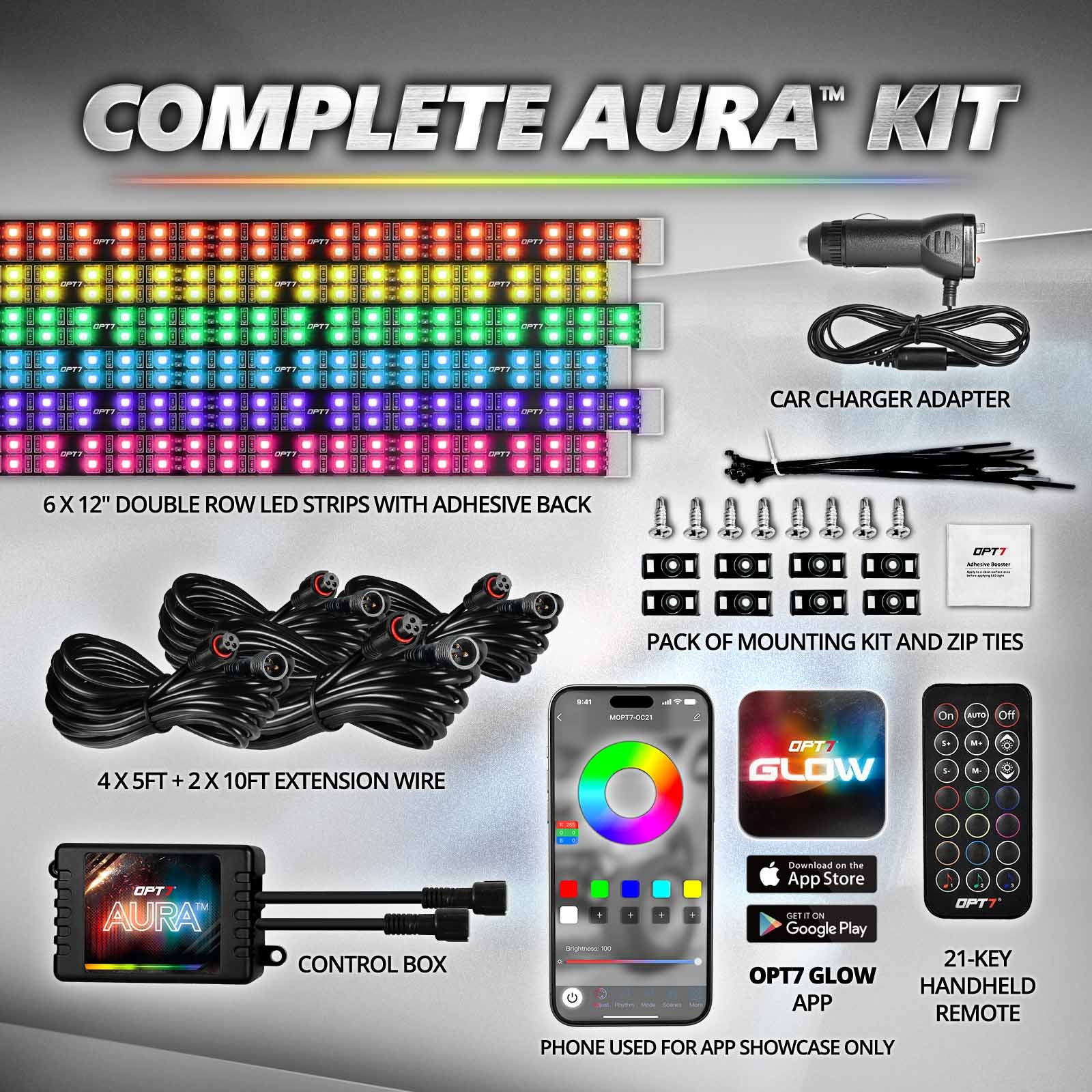AURA PRO LED Double Row Interior Ambient Lighting Kit (4 x 12 Inch or 6 x 12-Inch) - Bluetooth Enabled APP Full Color Spectrum