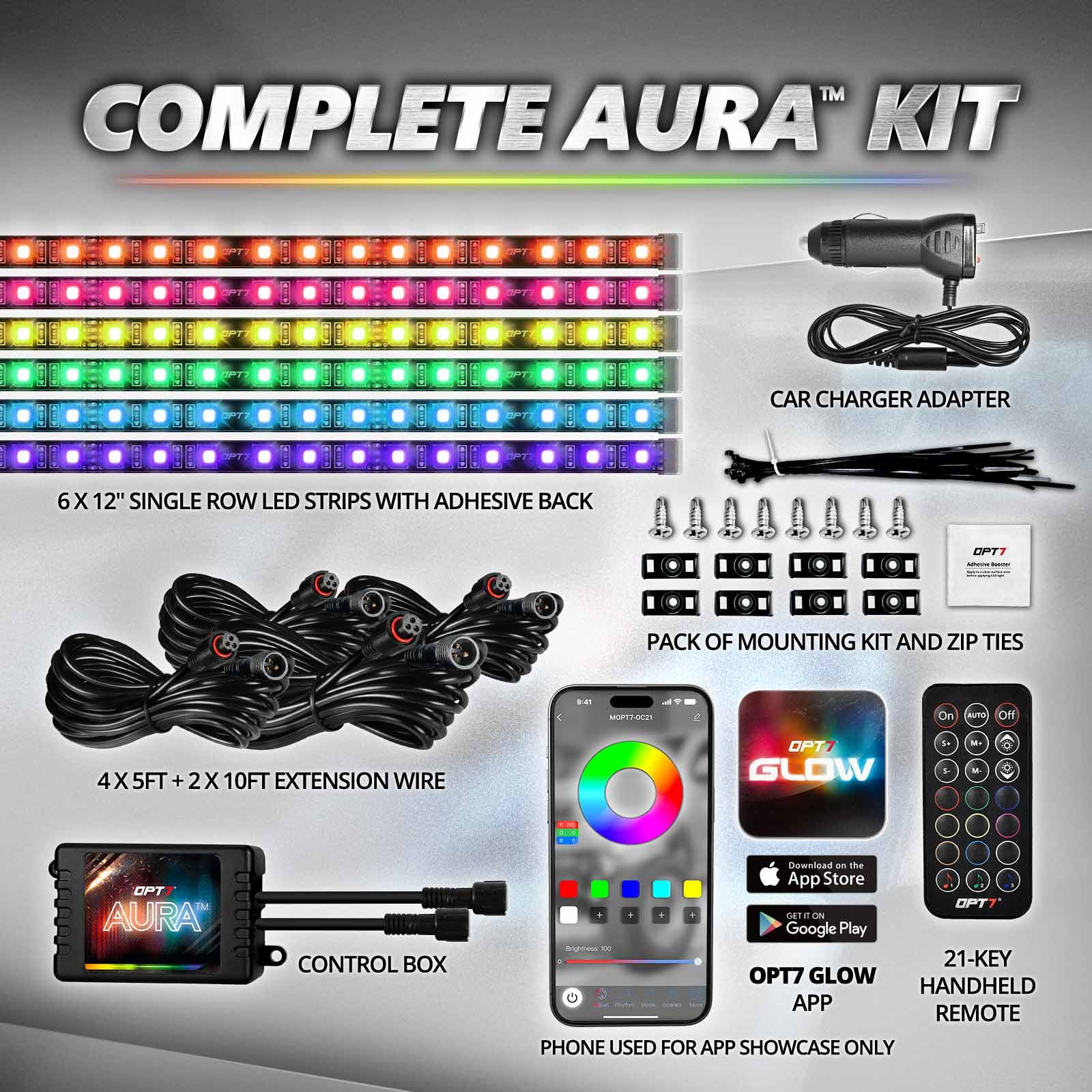 AURA PRO LED Interior Ambient Lighting Kit (4 x 12 Inch or 6 x 12-Inch) - Bluetooth Enabled APP Full Color Spectrum