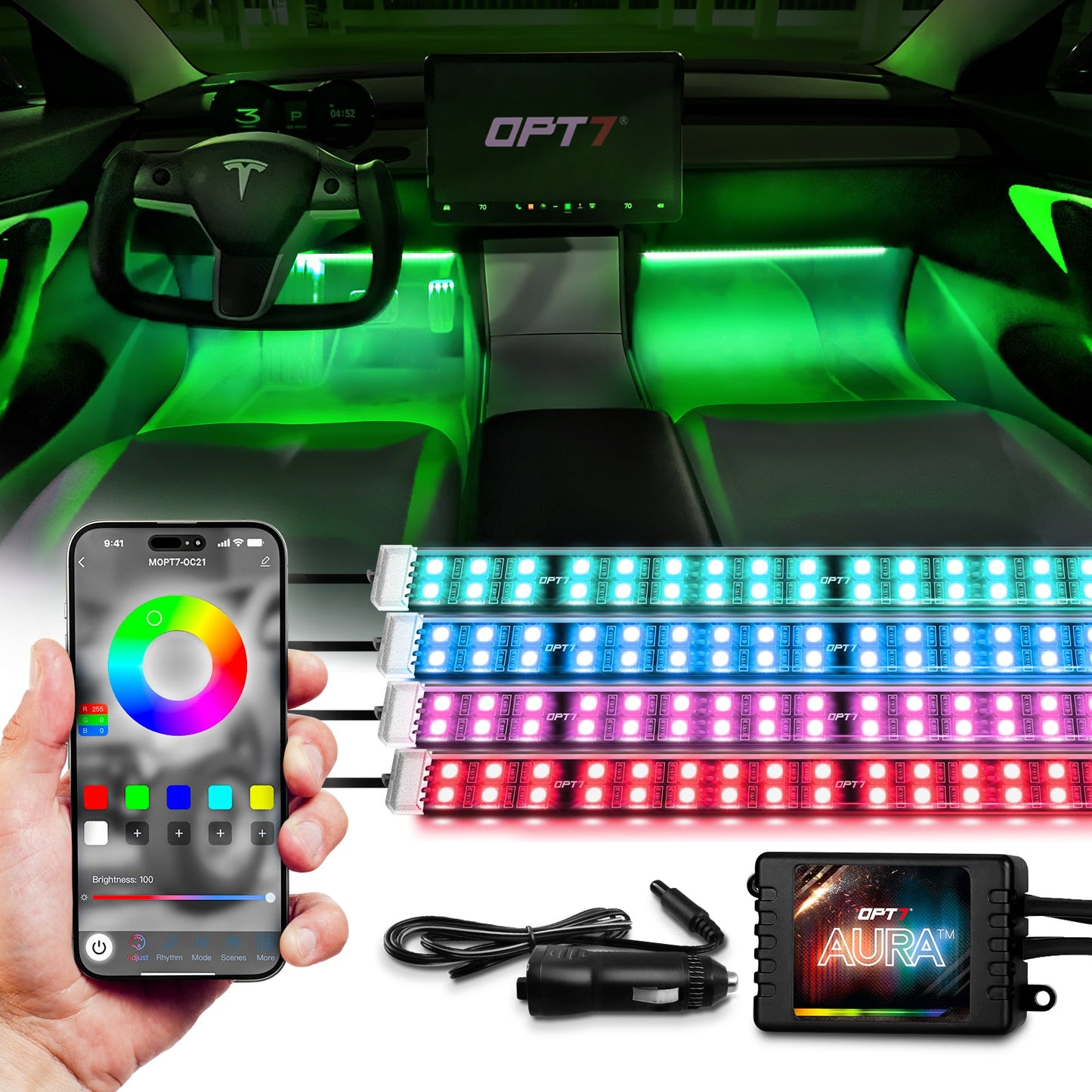 AURA PRO LED Double Row Interior Ambient Lighting Kit (4 x 12 Inch or 6 x 12-Inch) - Bluetooth Enabled APP Full Color Spectrum