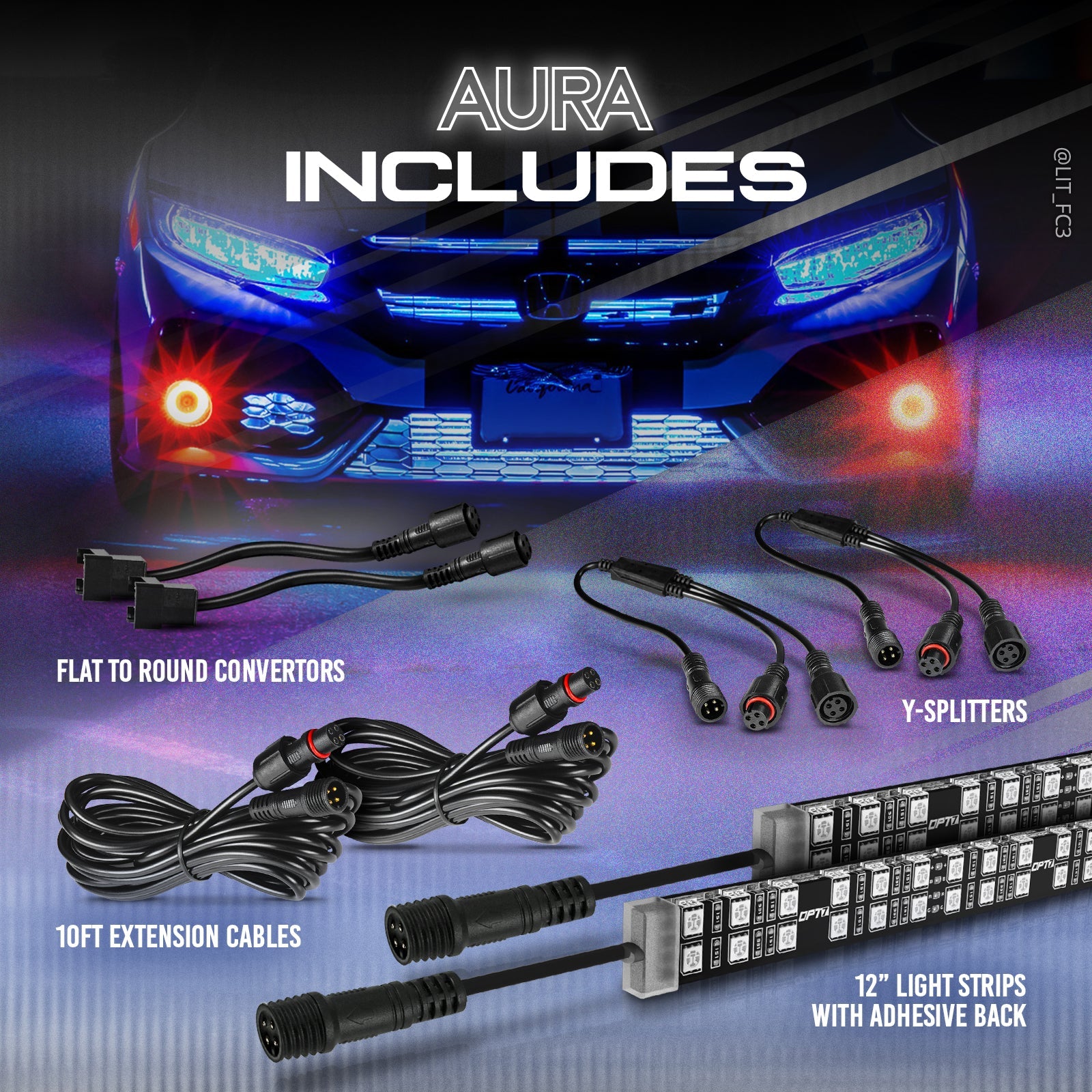 AURA LED Expansion Pack - (2) 12-Inch Strips Double Row with Splitters & Extensions
