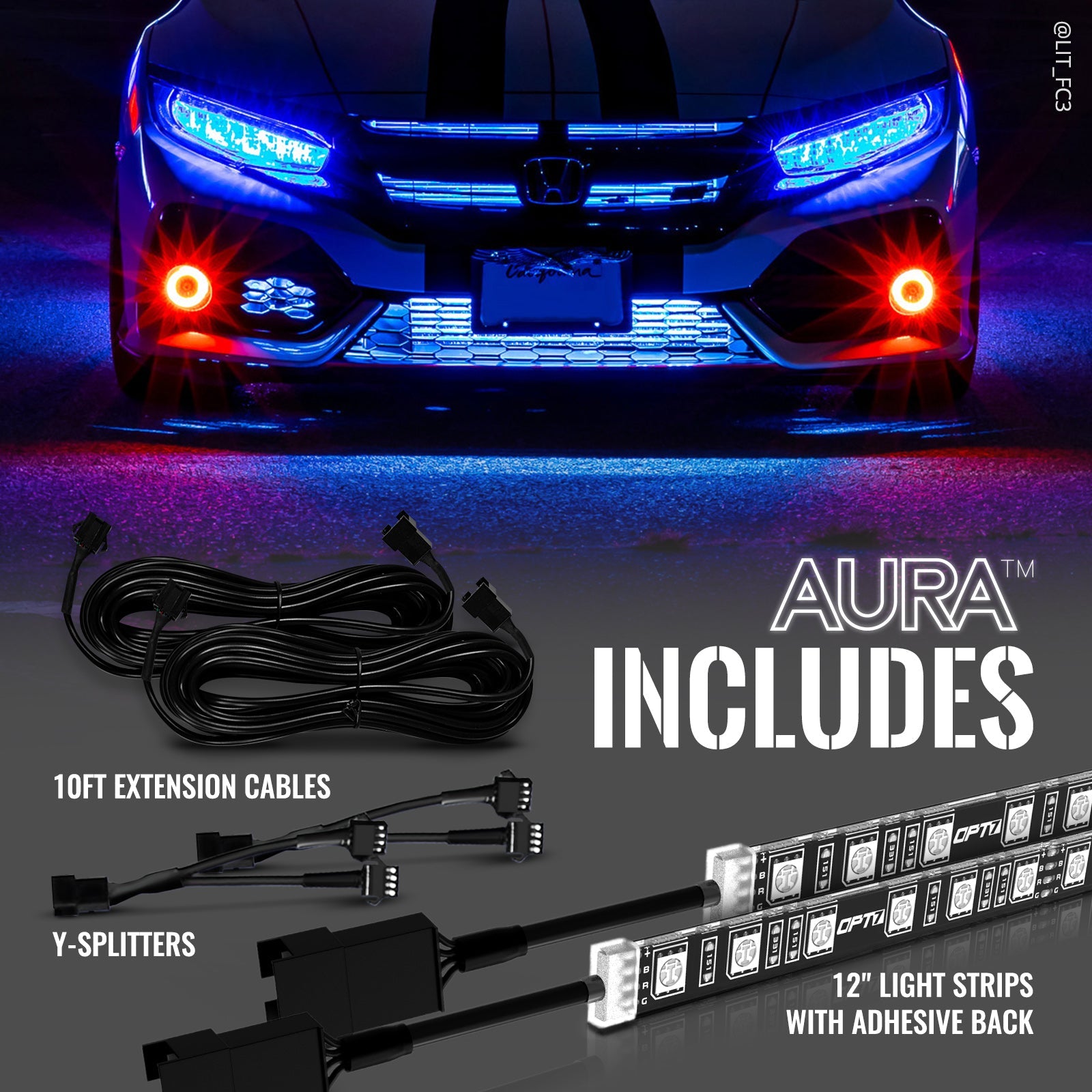 AURA LED Expansion Pack - (2) 12-Inch Strips Flat Connector with Splitters & Extensions