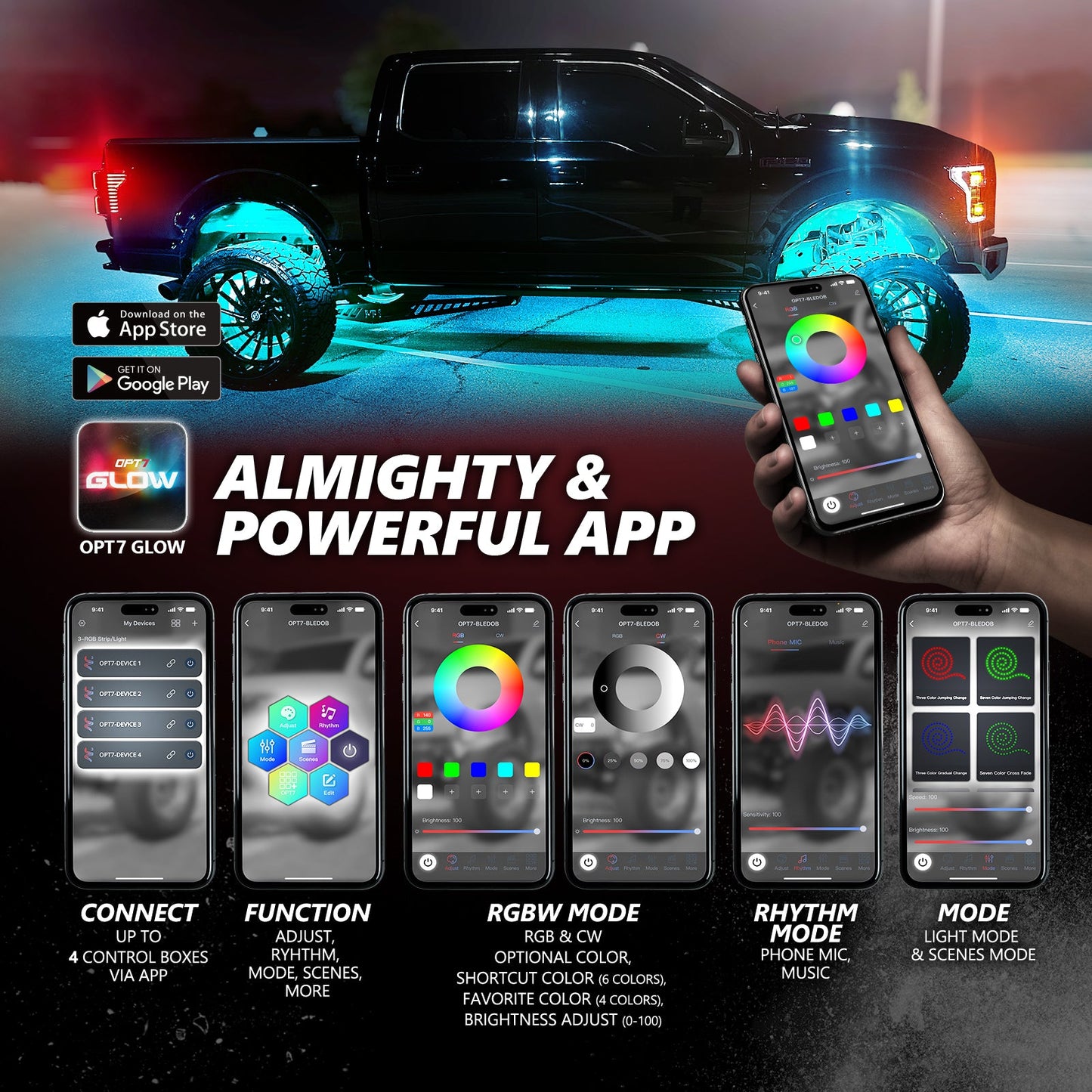 AURA PRO Quantum Bluetooth LED Rock Light Kit With 4 Multi-Color + White (RGBW) Pods