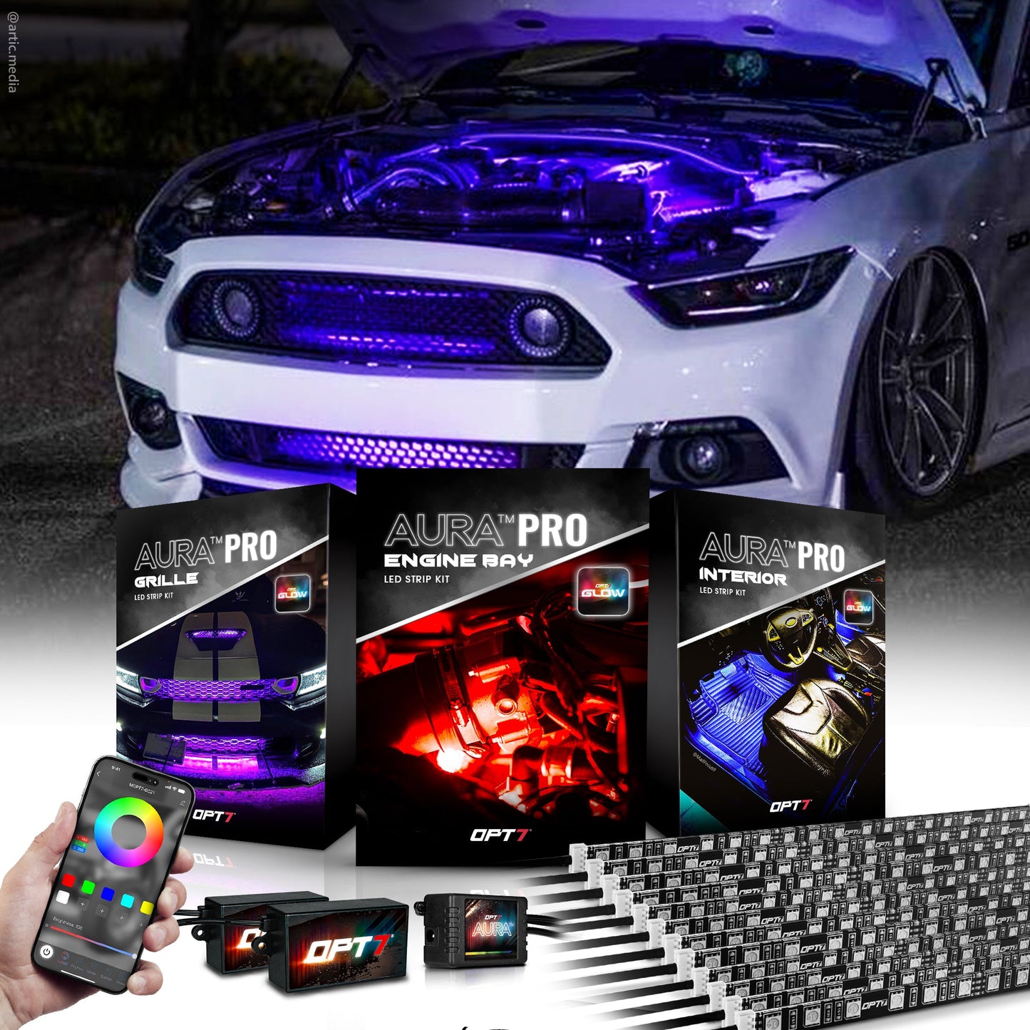 AURA PRO Under The Hood Bundle ( Interior LED Kit + Engine bay LED Kit + Grille LED Kit ) - Bluetooth Enabled APP