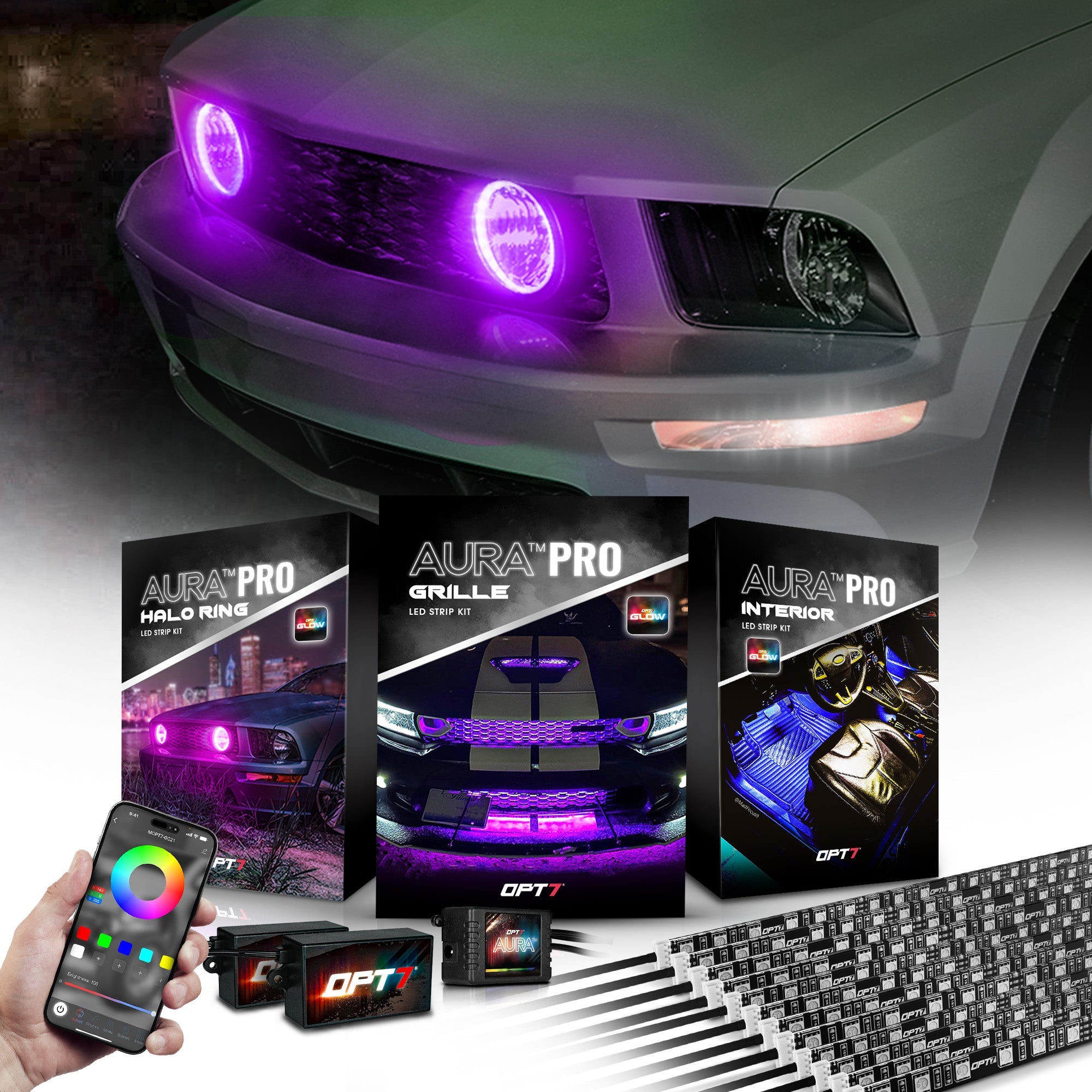 AURA 5th gen (S197) Mustang Bundle: RGB Halo O rings + Grille + Interior w- Bluetooth APP and Remote Controlled