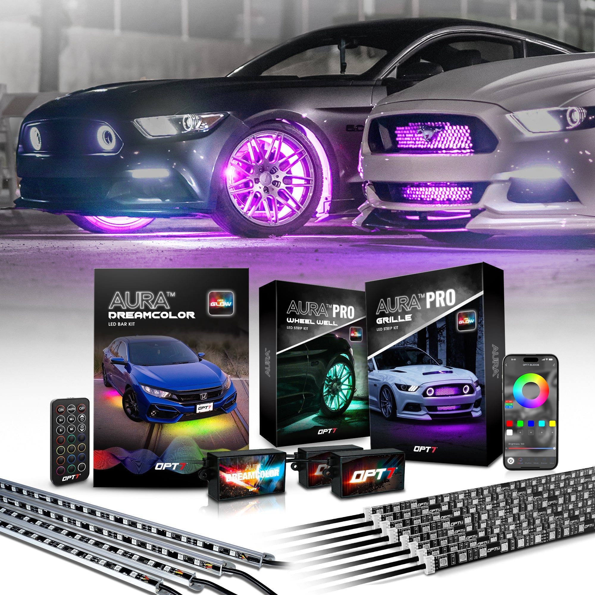 AURA PRO Exterior Pack Bundle (Grille LED Kit + Wheel Well Kit + DreamColor Underglow LED Kit) - Bluetooth APP and Remote Controlled