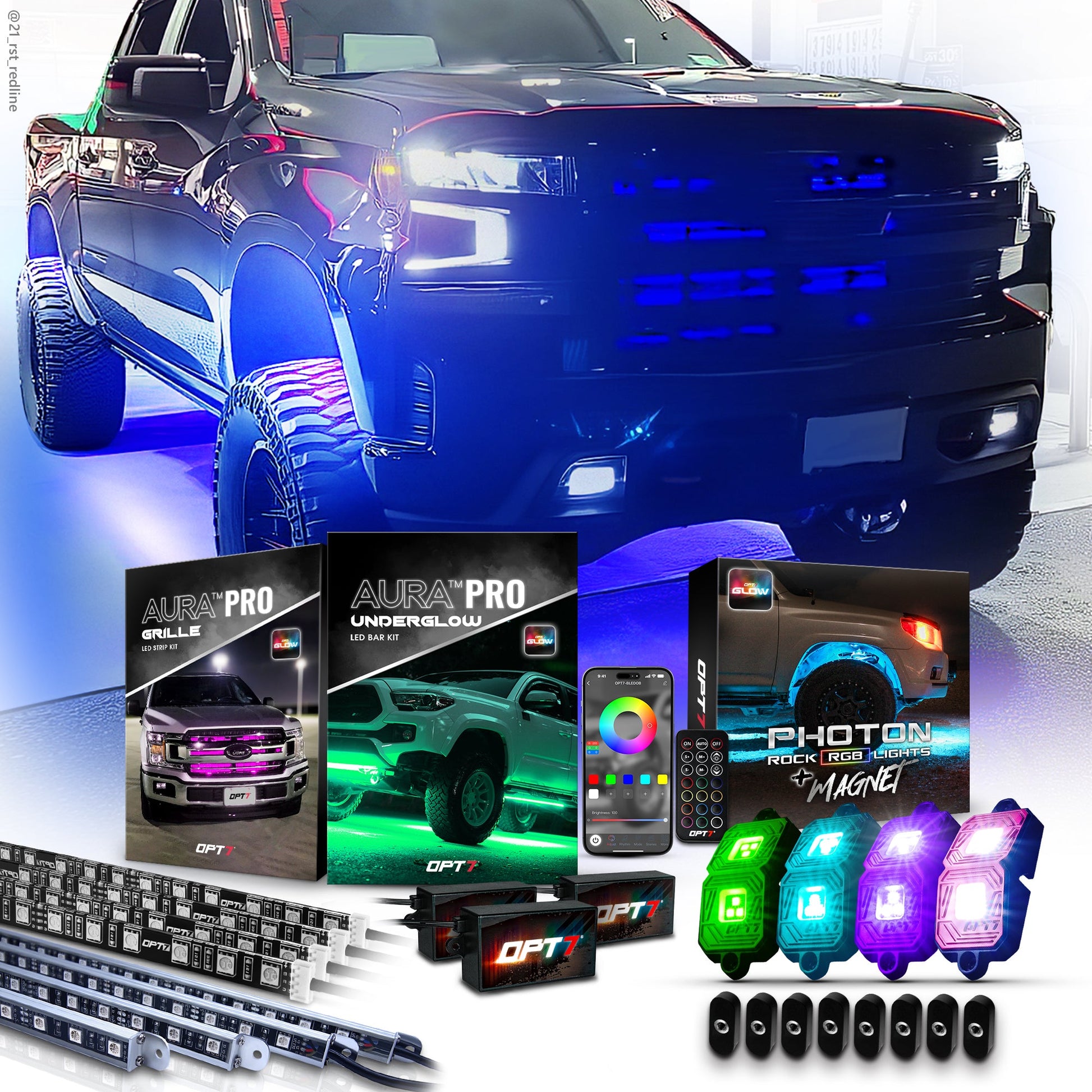 AURA PRO Exterior Pack Bundle (Grille LED Kit + Underglow LED Kit + Photon RGB Rock Light Kit) - Bluetooth APP and Remote Controlled