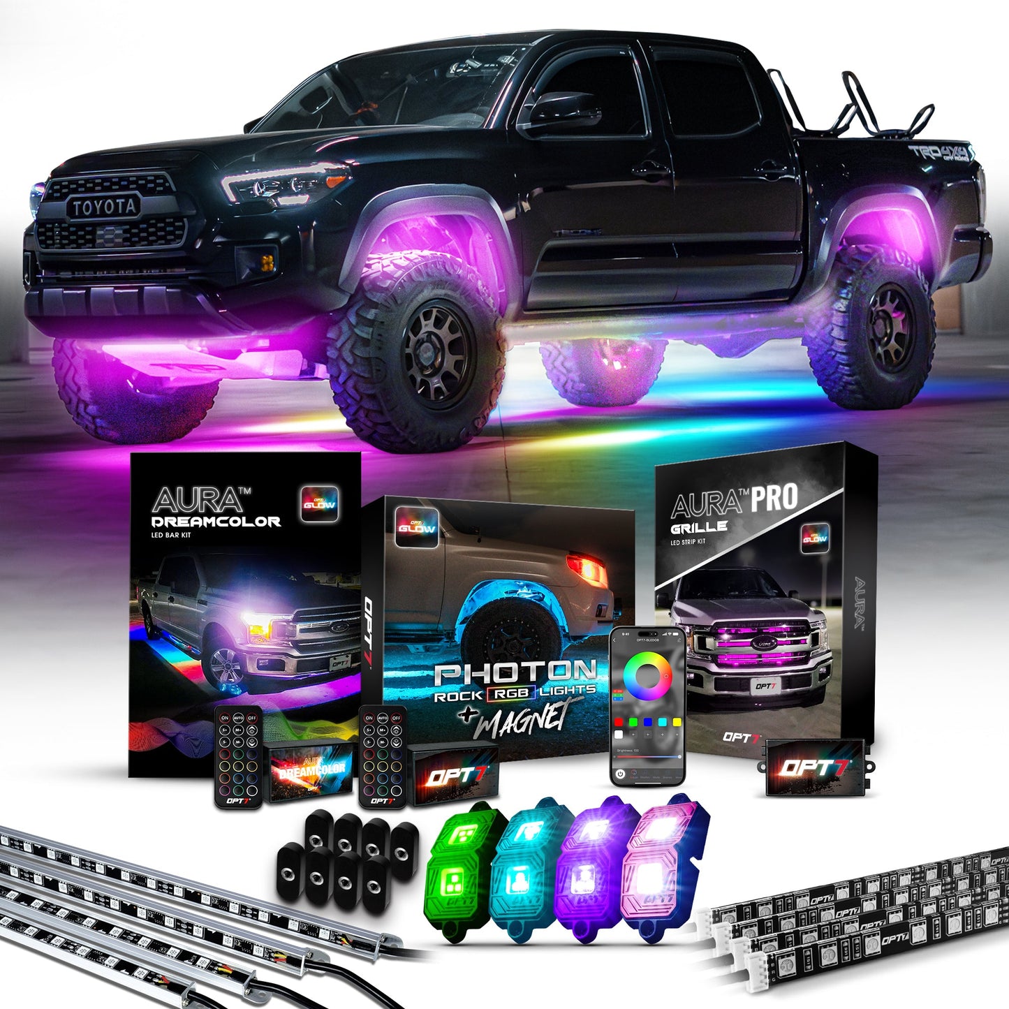 AURA Exterior Pack Bundle (Grille LED Kit + DreamColor Underglow LED Kit + Photon RGB Rock Light Kit) - Bluetooth APP and Remote Controlled