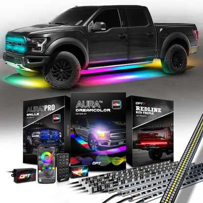 AURA PRO LED Lighting Kit for Truck Bundle (Grille LED Kit + DreamColor Underglow LED Kit - Bluetooth APP and Remote Controlled + Tailgate Triple Light Bar)