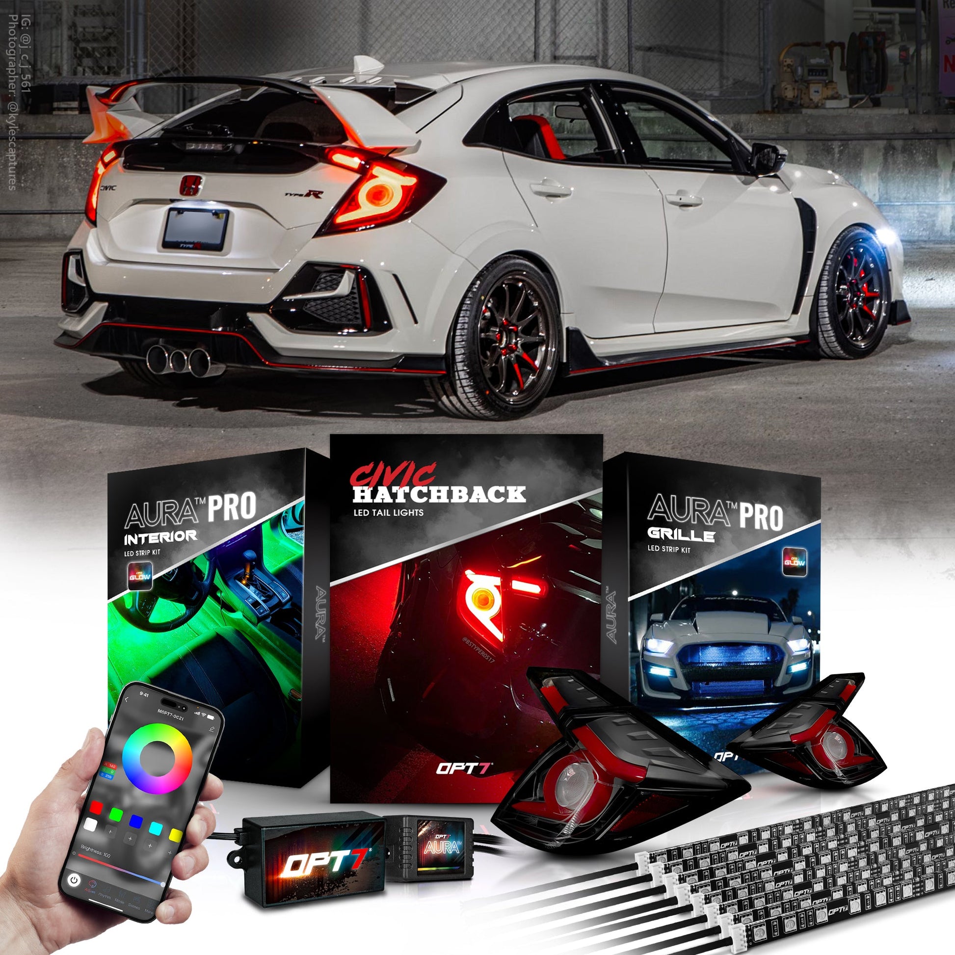 AURA PRO for Civic Hatchback LED Lighting Bundle: OLED Tail lights + Interior + Grille w- Bluetooth APP and Remote Controlled