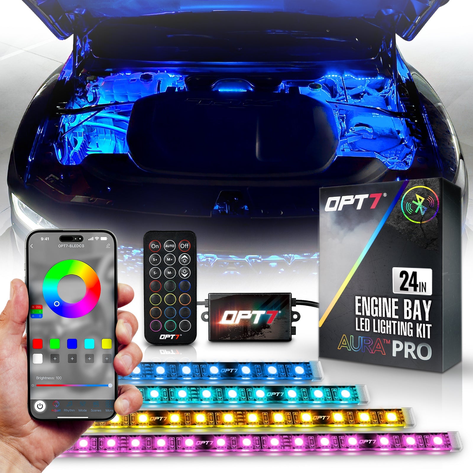 AURA PRO Engine Bay LED Lighting Kit ( 4 x 12-Inch or 4 x 24-Inch) - Bluetooth Enabled APP Full Color Spectrum