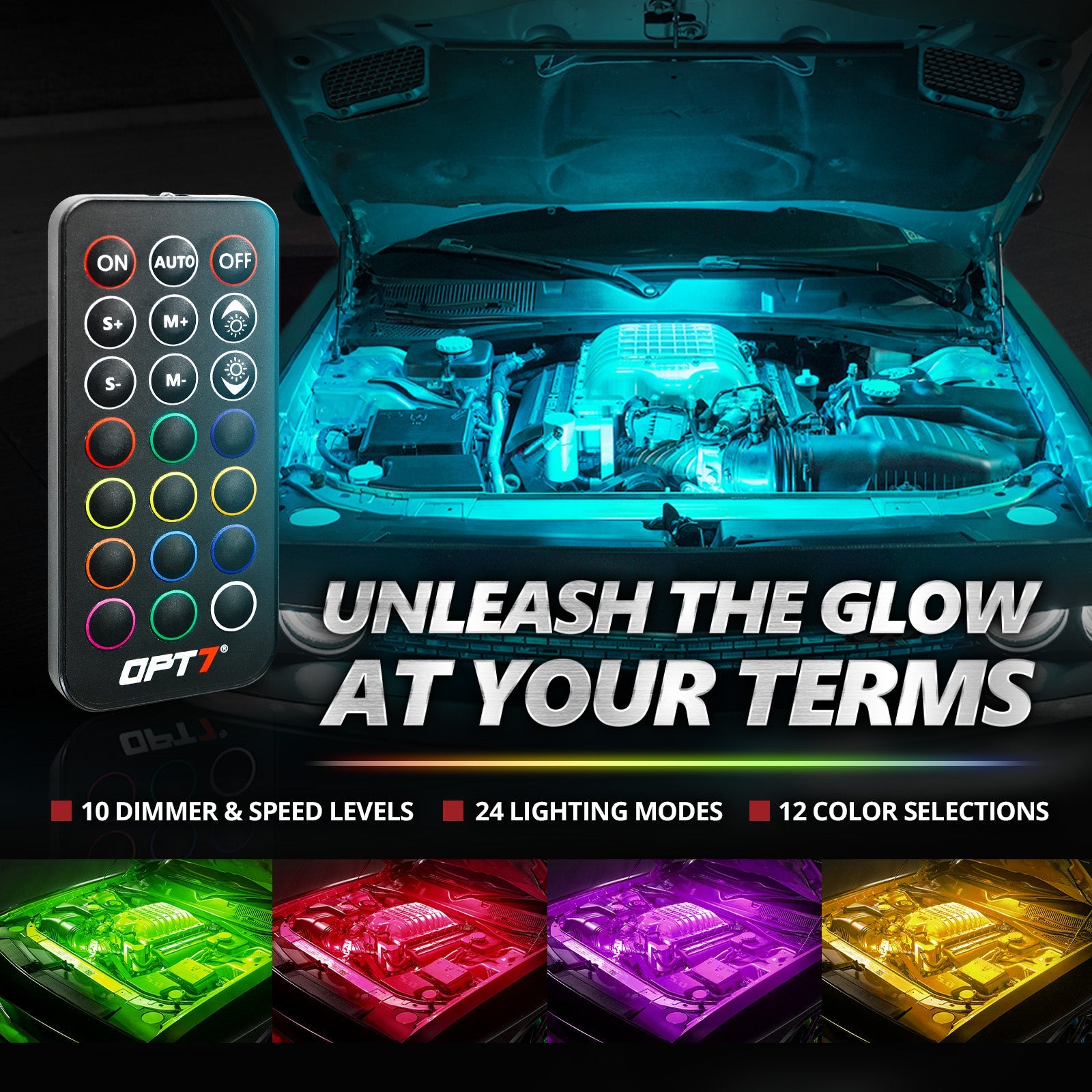 AURA PRO Engine Bay LED Lighting Kit ( 4 x 12-Inch or 4 x 24-Inch) - Bluetooth Enabled APP Full Color Spectrum