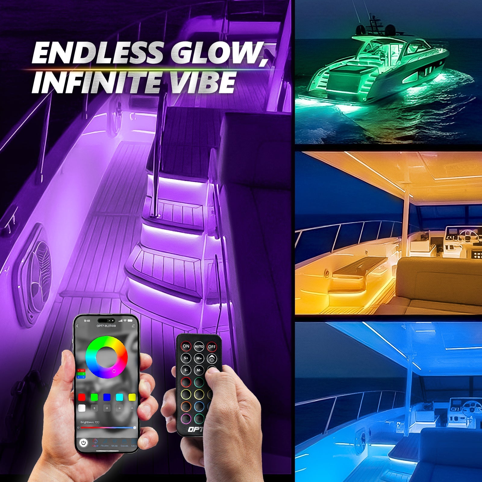 AURA PRO Boat Interior LED Lighting Kit 4 x 48-Inch Multi-Color Strips - Bluetooth Enabled APP Full Color Spectrum