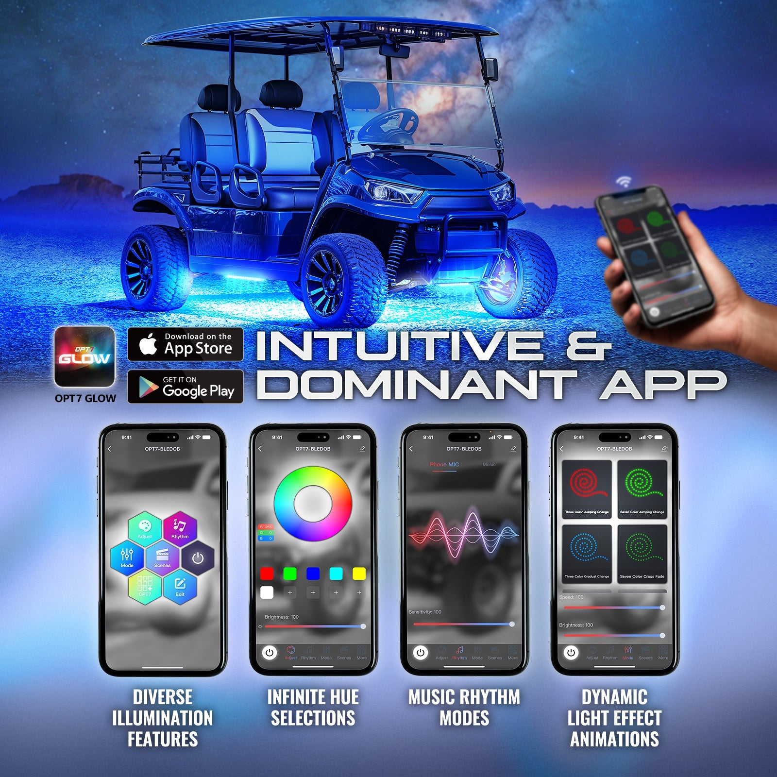 AURA PRO Golf Cart Underbody Glow LED Lighting Kit - Bluetooth Enabled APP - Full Color Spectrum