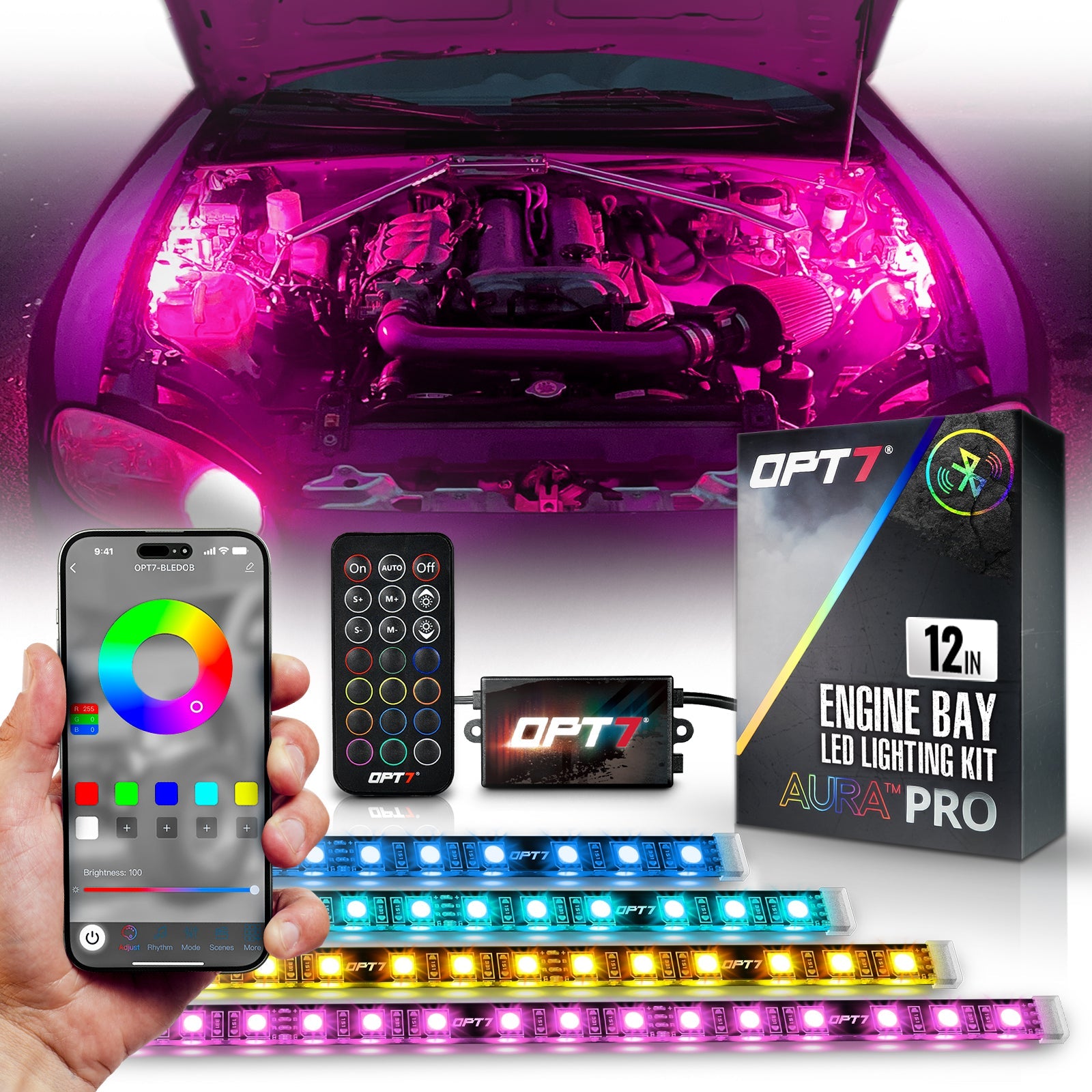 AURA PRO Engine Bay LED Lighting Kit ( 4 x 12-Inch or 4 x 24-Inch) - Bluetooth Enabled APP Full Color Spectrum