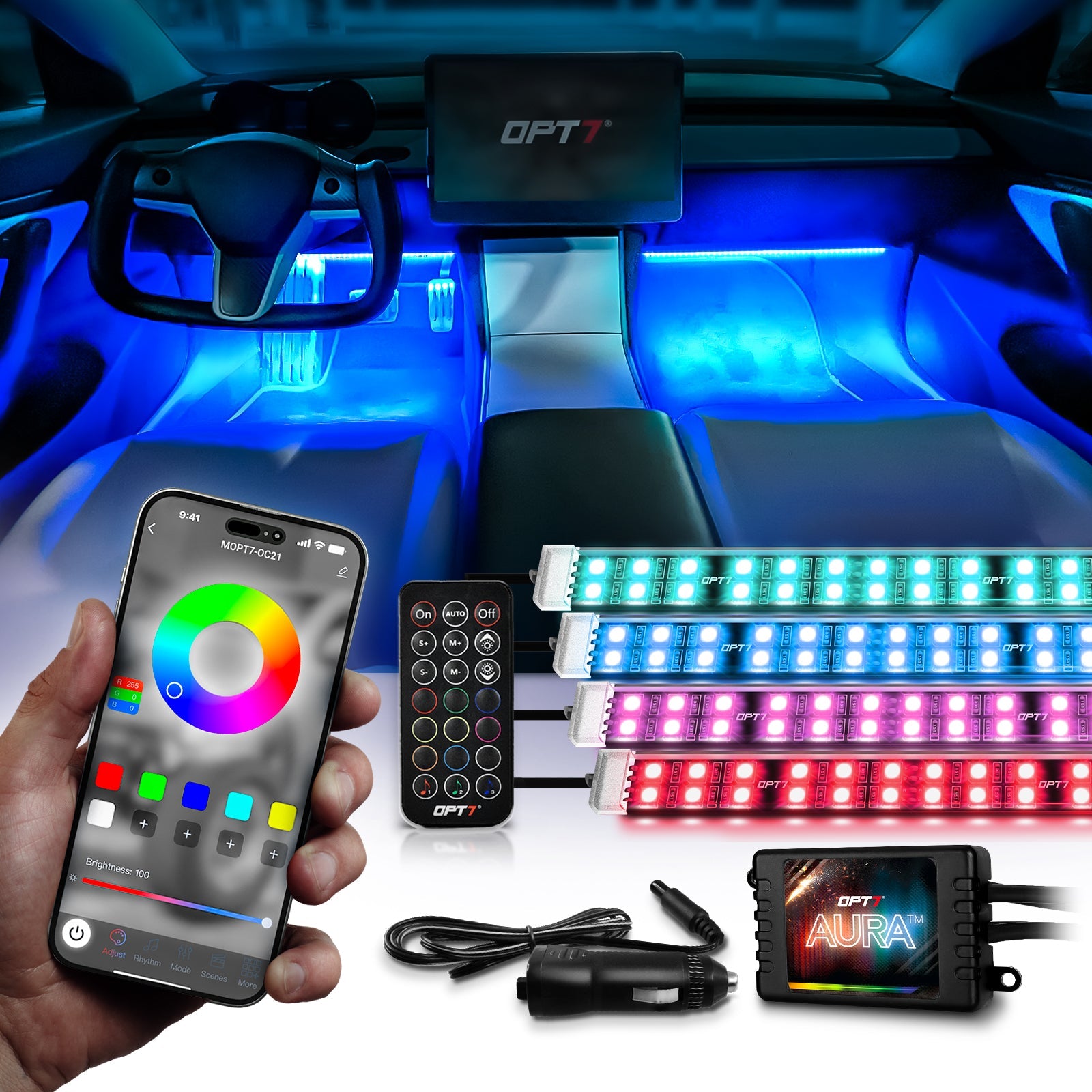 AURA PRO LED Double Row Interior Ambient Lighting Kit (4 x 12 Inch or 6 x 12-Inch) - Bluetooth Enabled APP Full Color Spectrum
