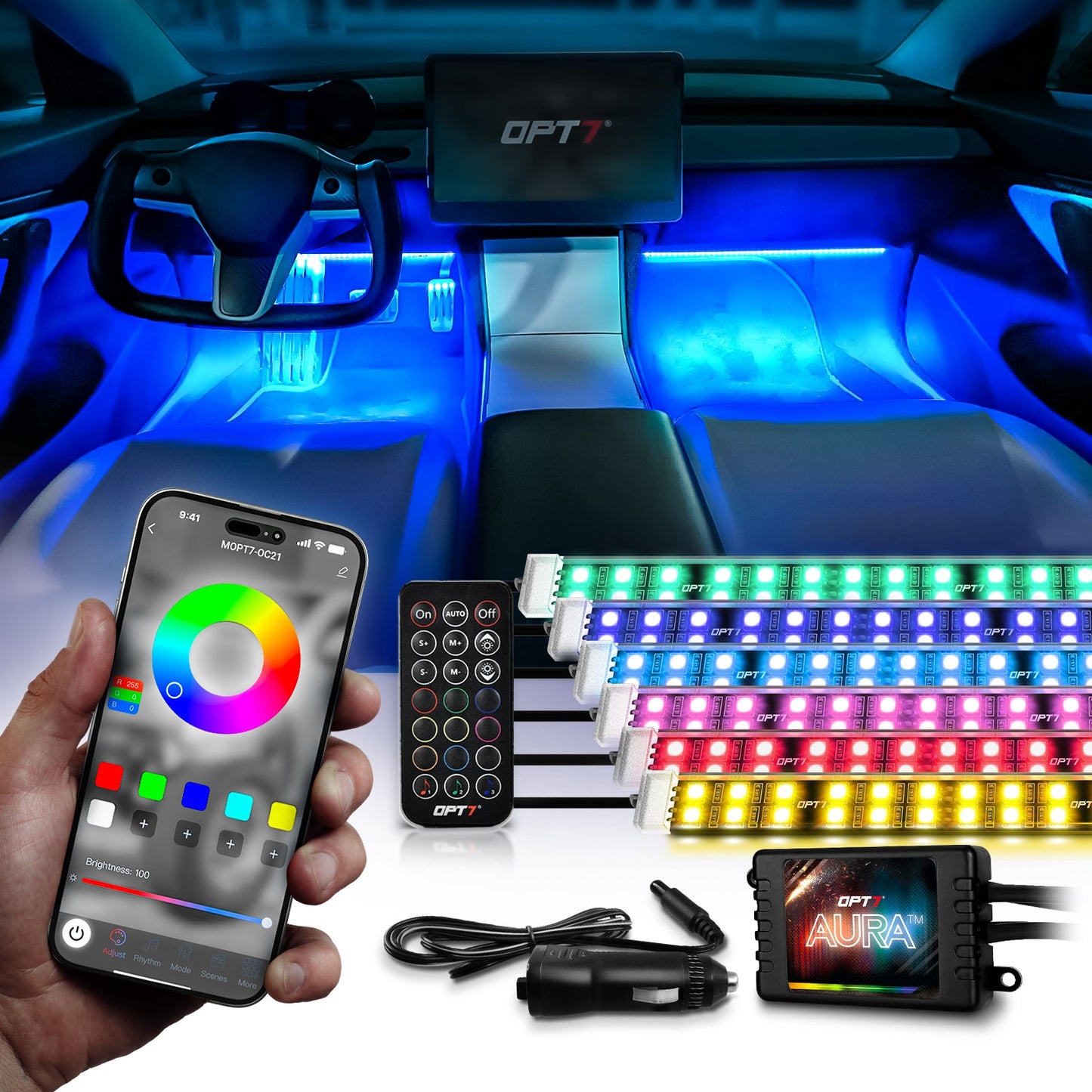 AURA PRO LED Double Row Interior Ambient Lighting Kit (4 x 12 Inch or 6 x 12-Inch) - Bluetooth Enabled APP Full Color Spectrum