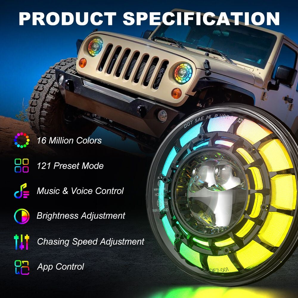SPDZ1 Oculus 7” RGB LED Headlights with LED RGB Fog Light Kit – App Controlled Multi-Mode Halo (Pre-Order)
