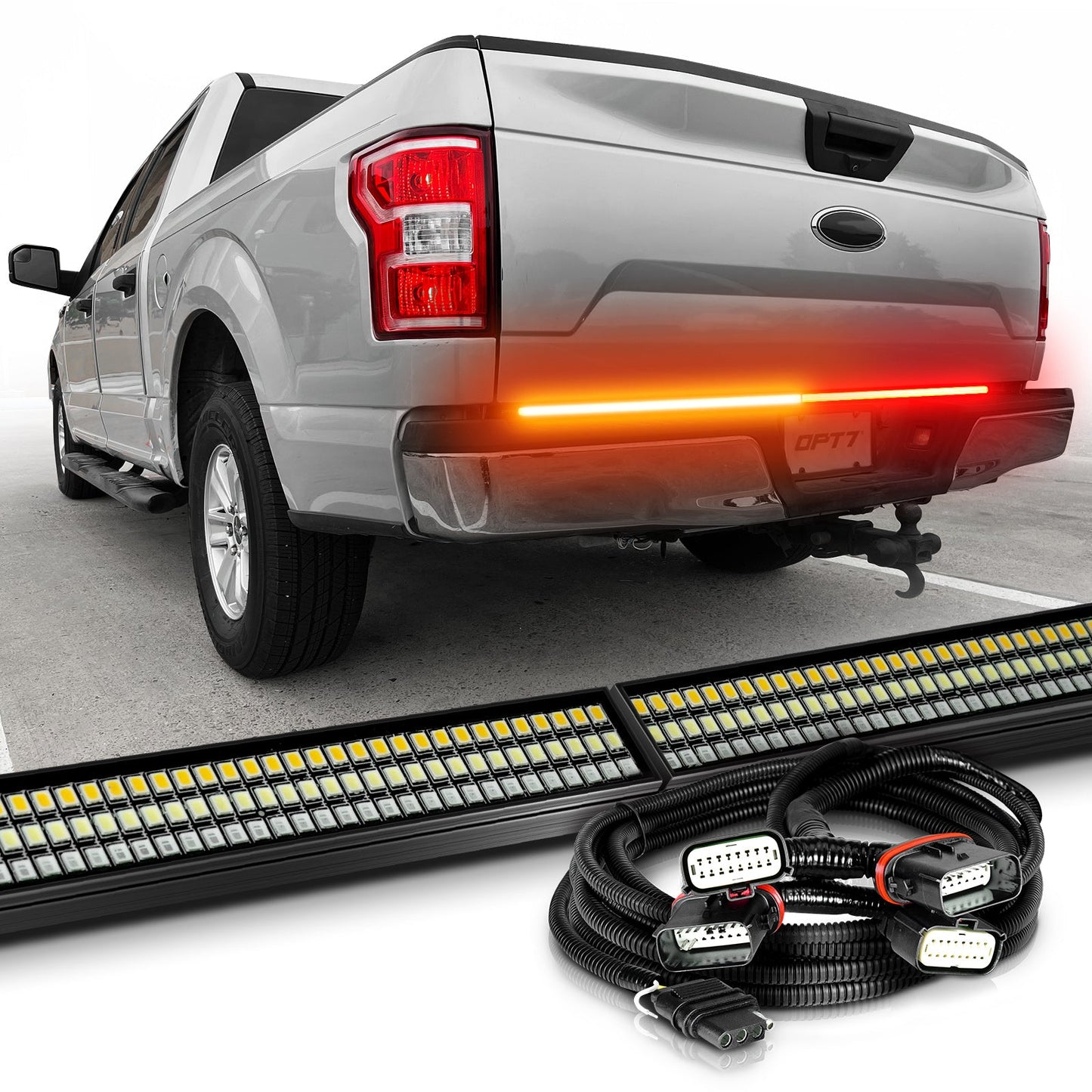 OPT7 Redline Parlux Triple Tailgate Light Bar 60" Bundle for Ford F150 15-20 with Blind Spot Easy Connect Harness