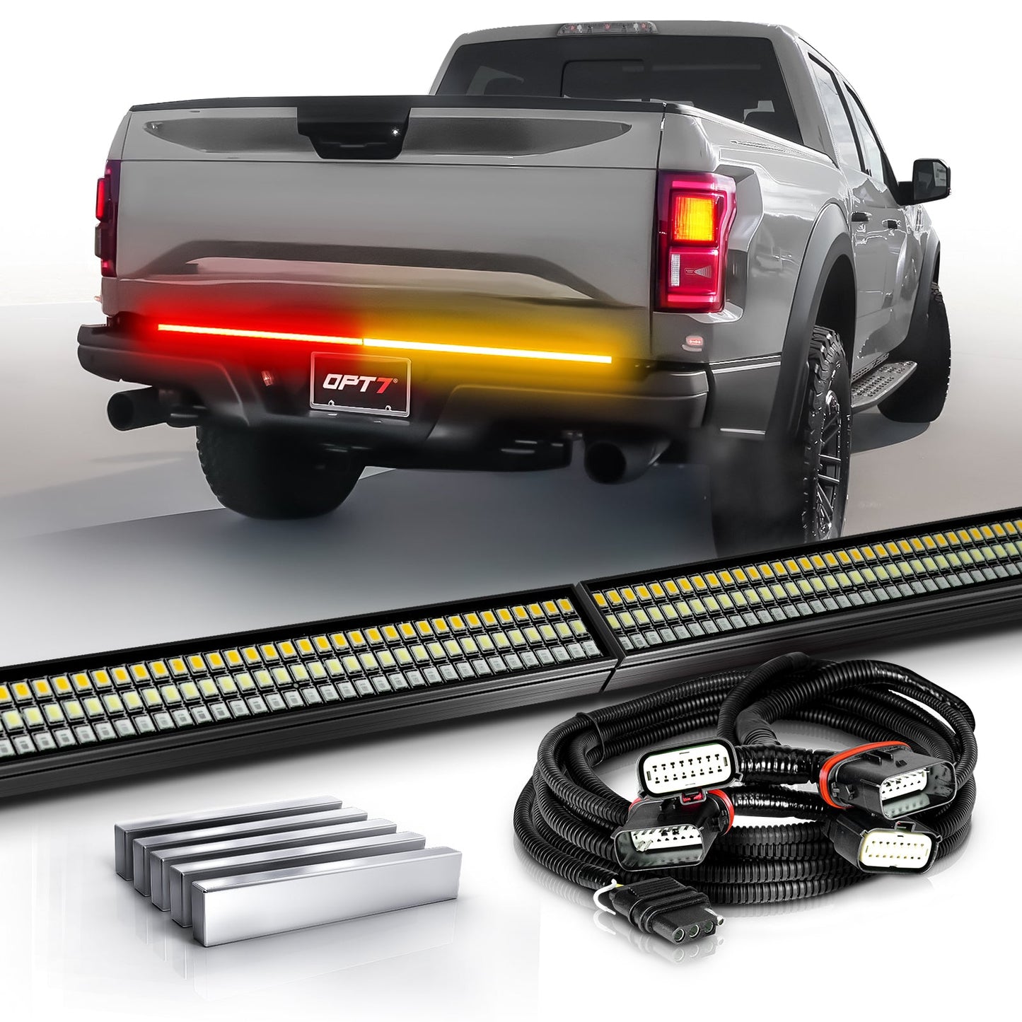 OPT7 Redline Parlux Triple Tailgate Light Bar 60" Bundle for Ford F150 15-20 with Blind Spot Easy Connect Harness and Tailgate Light Bar Magnets