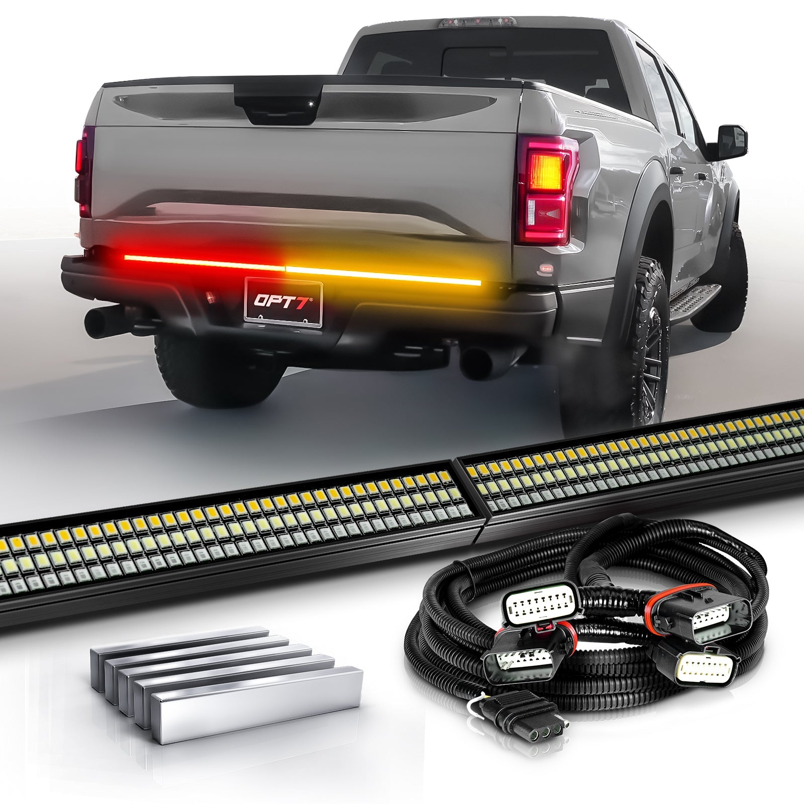 OPT7 Redline Parlux Triple Tailgate Light Bar 60" Bundle for Ford F150 15-20 with Blind Spot Easy Connect Harness and Tailgate Light Bar Magnets