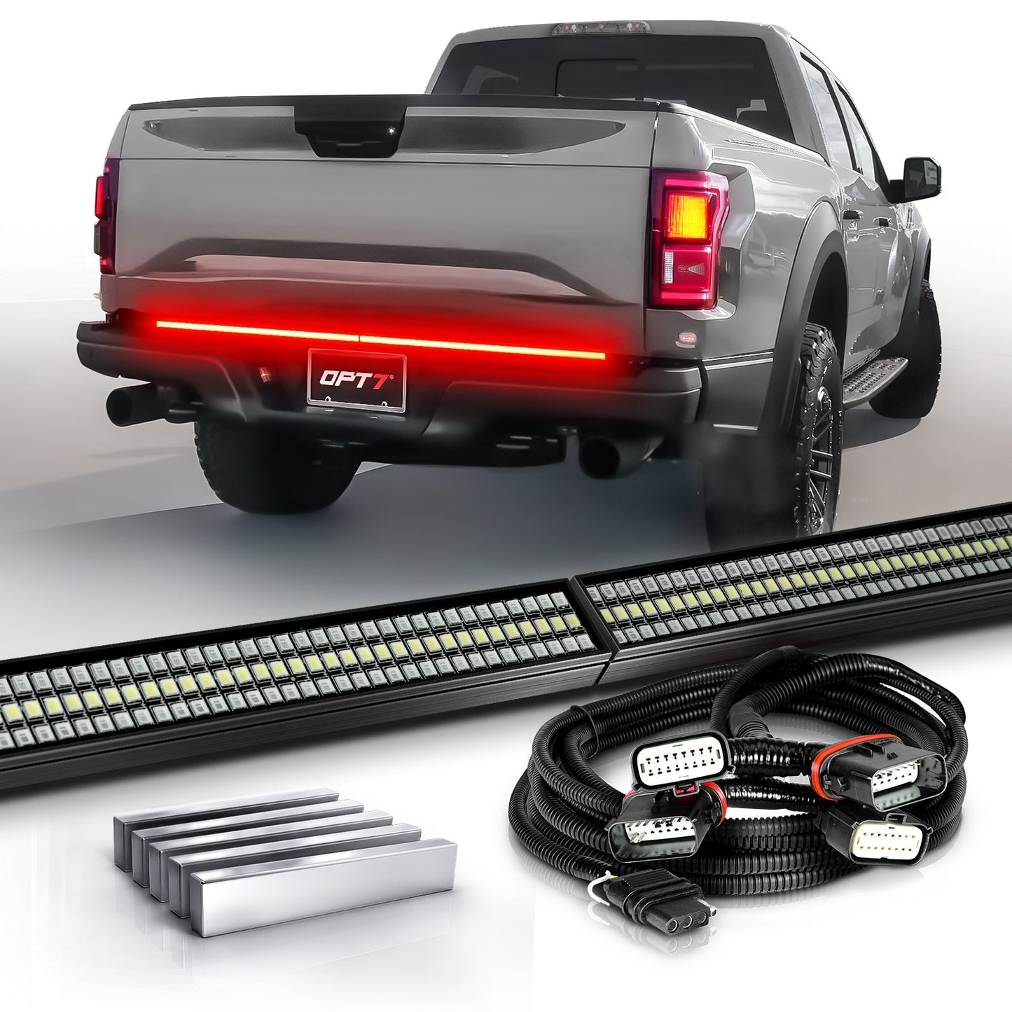 OPT7 Redline Parlux Triple Tailgate Light Bar 60" Bundle for Ford F150 15-20 with Blind Spot Easy Connect Harness and Tailgate Light Bar Magnets
