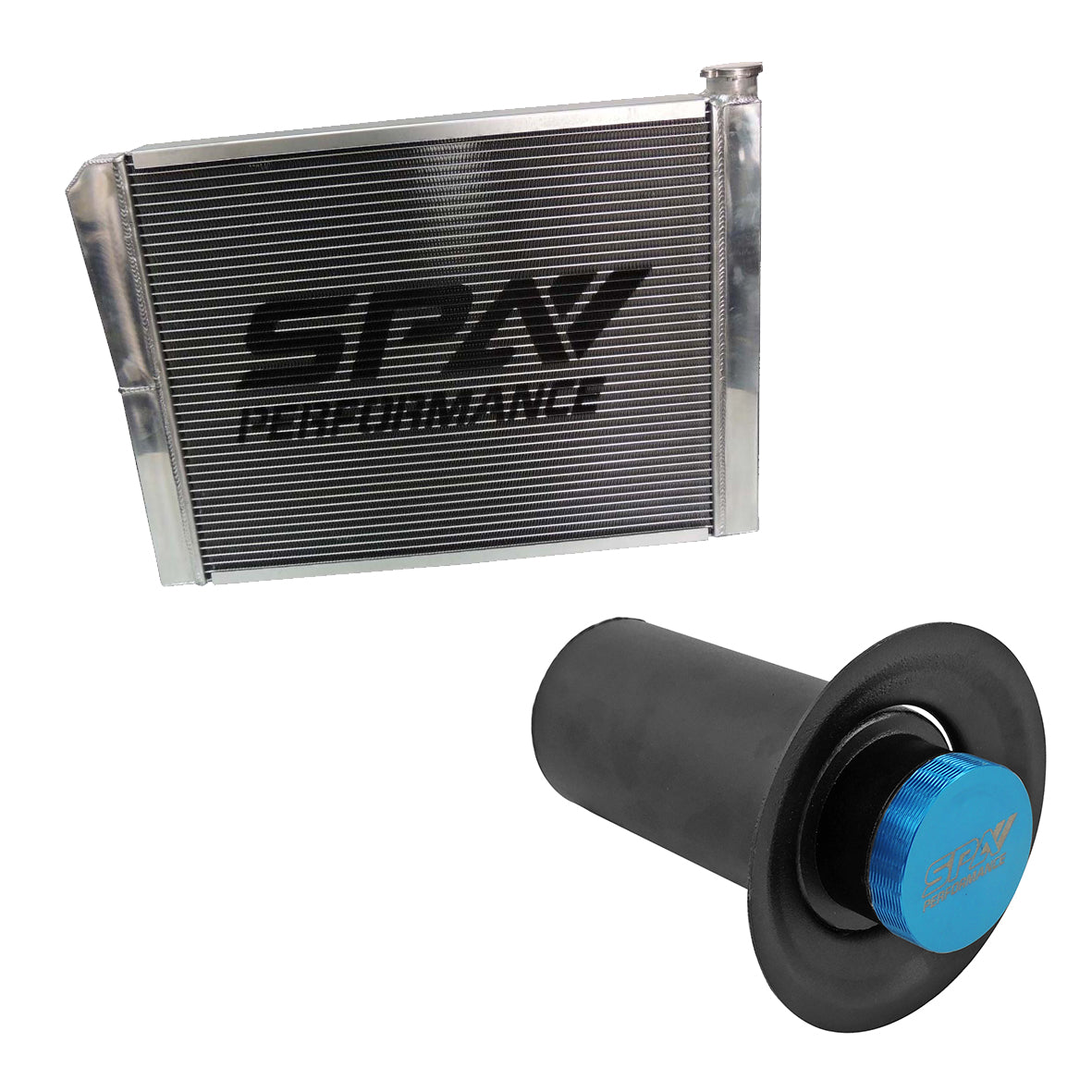 Lightweight Late Model Radiator - Double Pass - 26.8" x 19.6" + Remote Fill Tank - Blue Cap