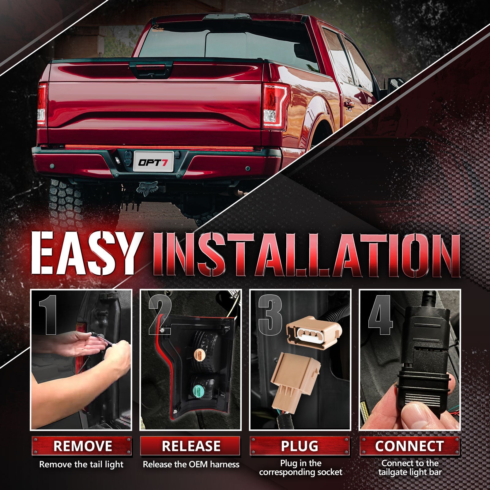 OPT7 Redline Parlux Triple Tailgate Light Bar 60" Bundle for Ford F150 15-18 Easy Connect Harness