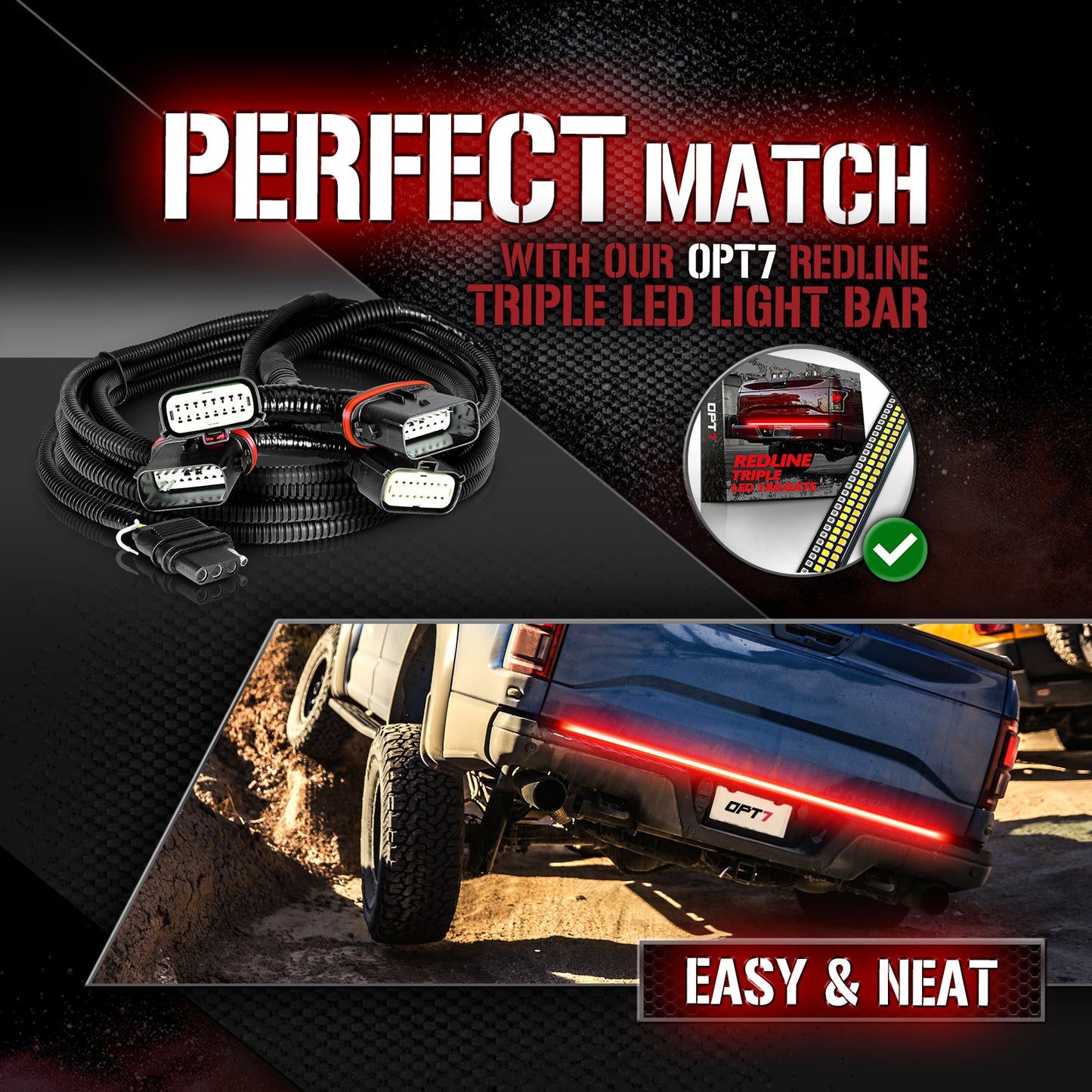 OPT7 Redline Parlux Triple Tailgate Light Bar 60" Bundle for Ford F150 15-20 with Blind Spot Easy Connect Harness