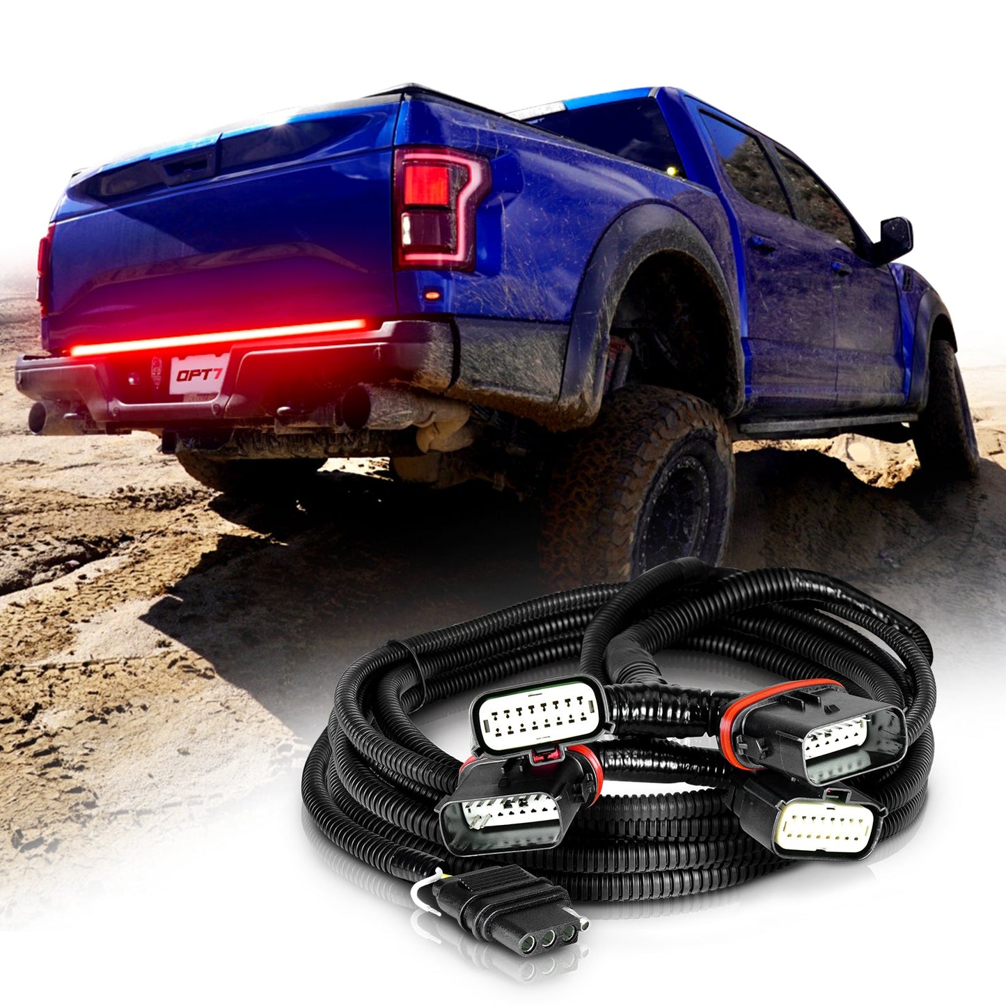 OPT7 Redline Parlux Triple Tailgate Light Bar 60" Bundle for Ford F150 15-20 with Blind Spot Easy Connect Harness