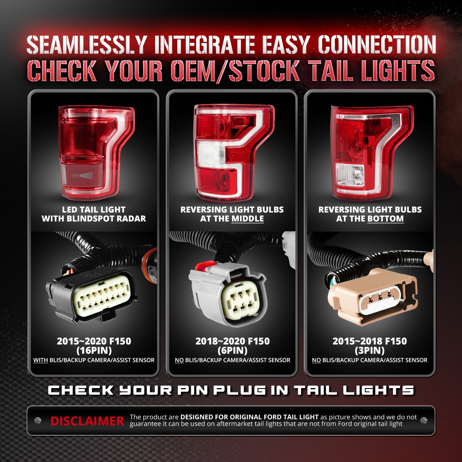 OPT7 Redline Parlux Triple Tailgate Light Bar 60" Bundle for Ford F150 15-20 with Blind Spot Easy Connect Harness