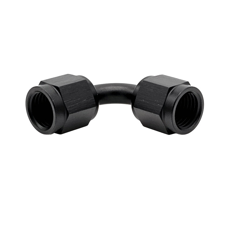 -4AN Female AN Flare Union 90° Adapter, Swivel Style, Black Hard Anodized Aluminum
