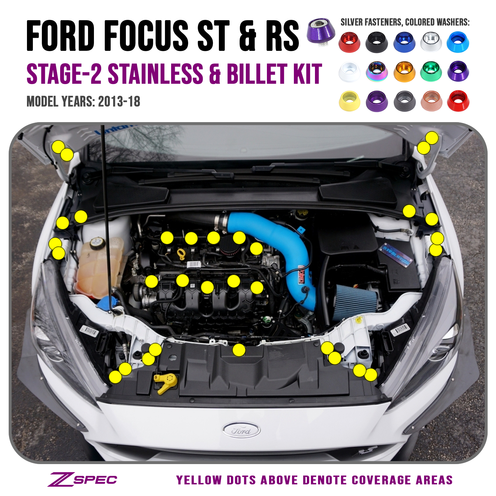ZSPEC Stage-2 Dress Up Bolts® Fastener Kit for Ford Focus RS & ST, Stainless & Billet