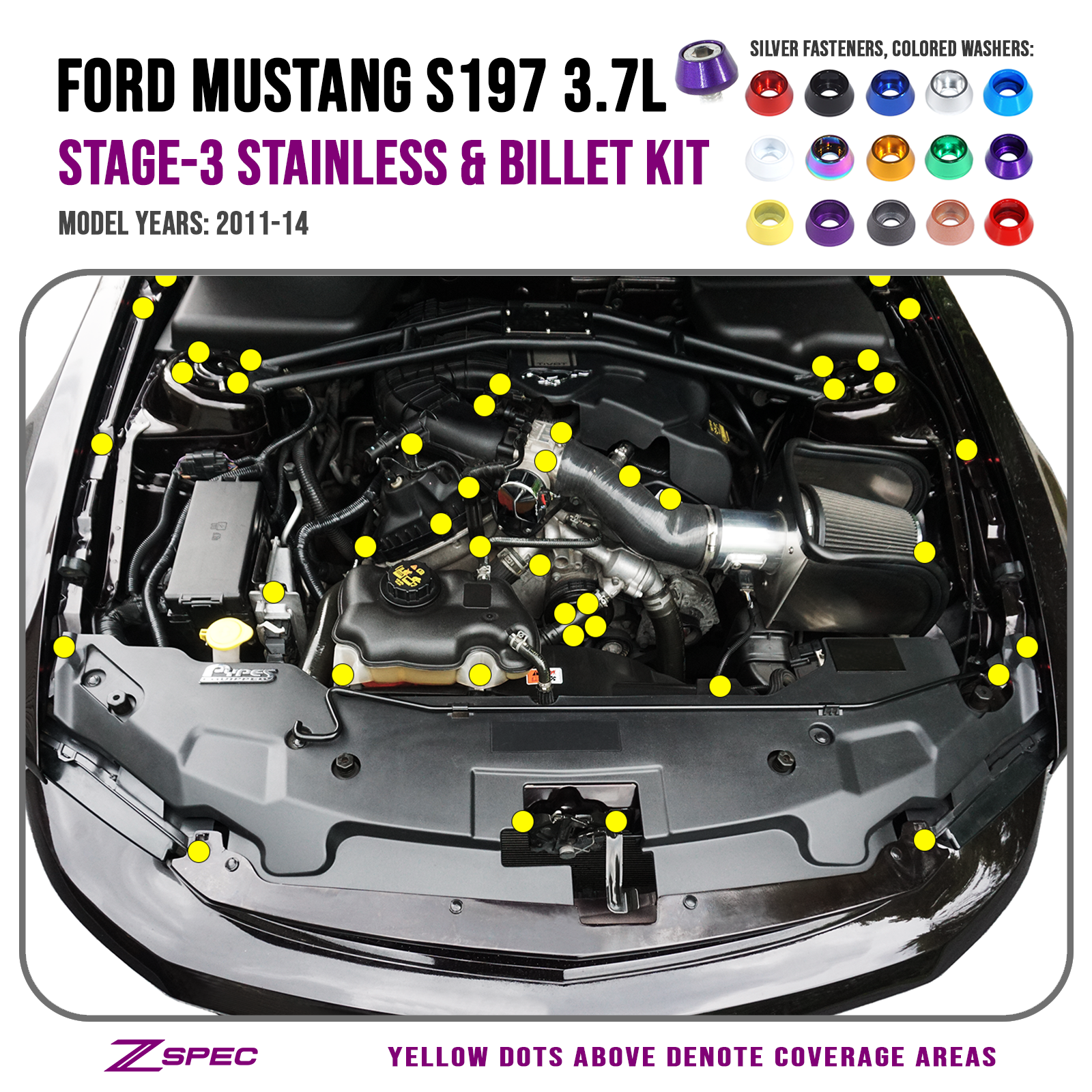 ZSPEC Stage-3 Dress Up Bolts® Fastener Kit for '11-14 Ford Mustang V6 S197, Stainless & Billet