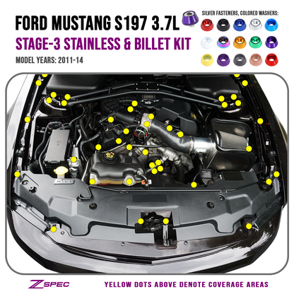 ZSPEC Stage-3 Dress Up Bolts® Fastener Kit for '11-14 Ford Mustang V6 S197, Stainless & Billet