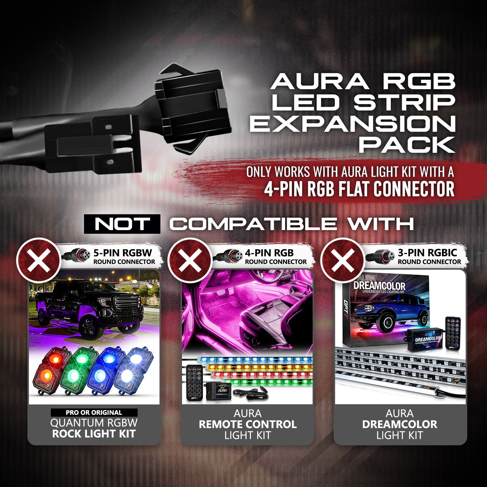 AURA LED Expansion Pack - (2) 12-Inch Strips Flat Connector with Splitters & Extensions