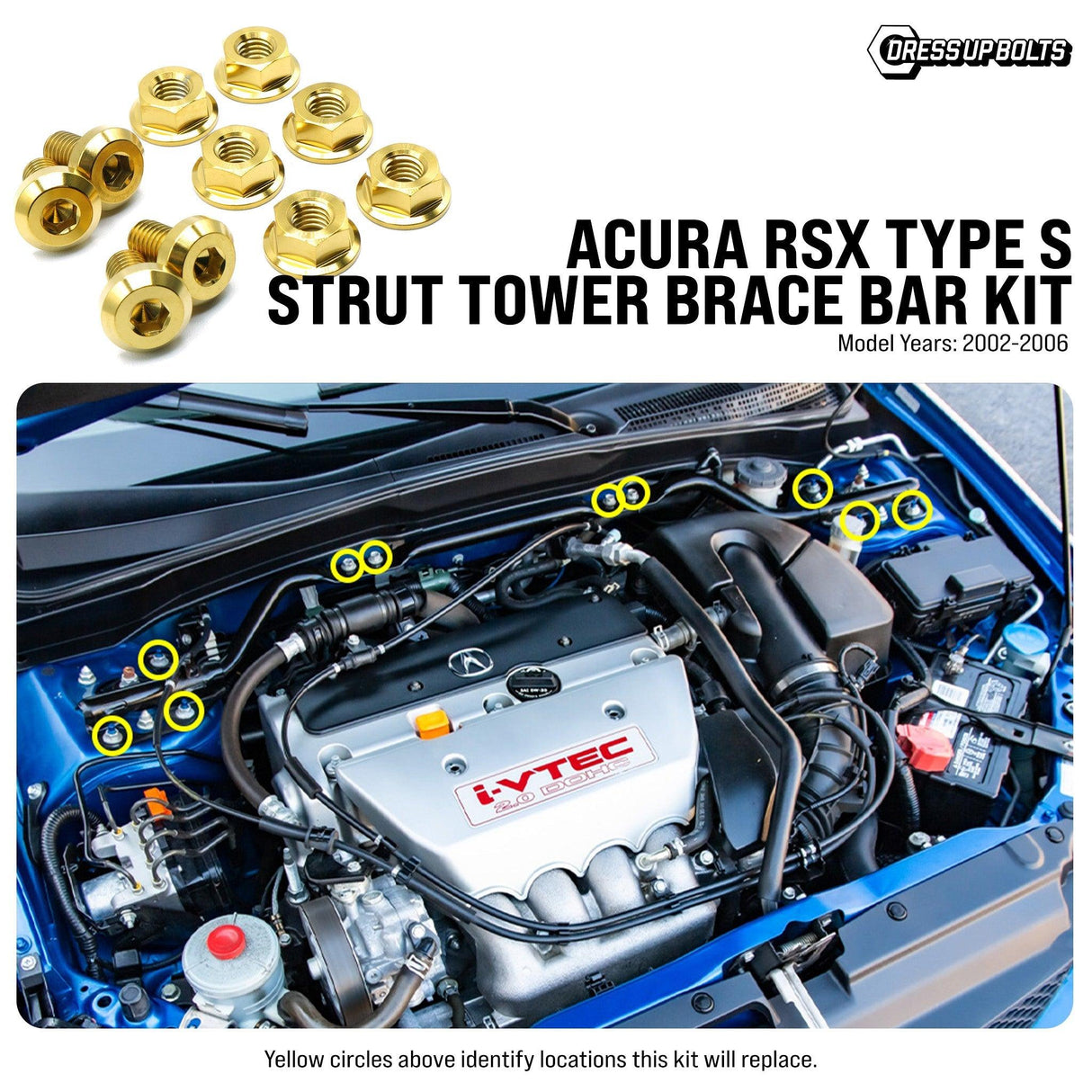 Dress Up Bolts Titanium Hardware Strut Tower Brace Bar Kit - Acura RSX Type S (2002-2006)