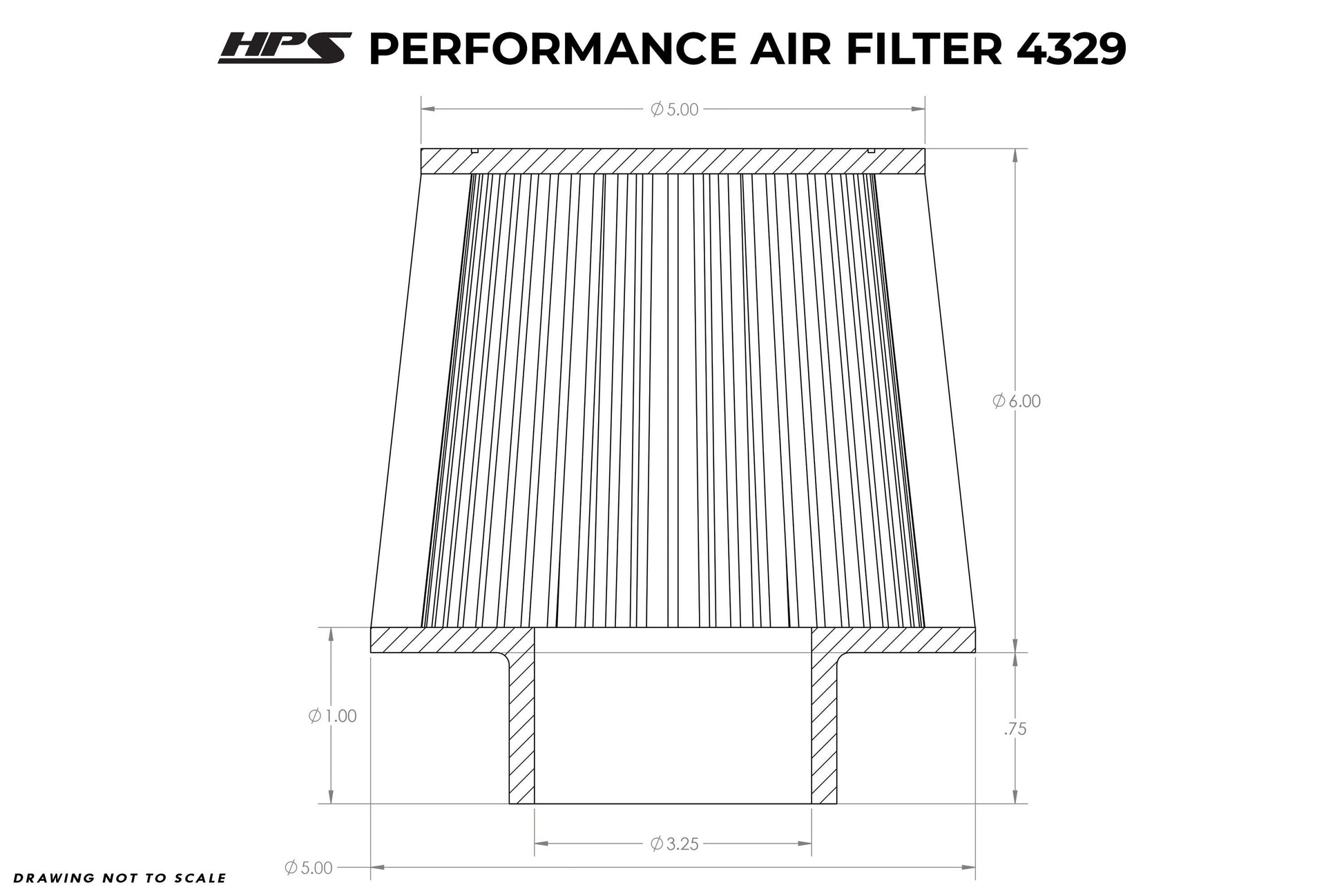 HPS Air Filter 3.25" ID, 6" Element Length, 6.75" Overall Length, HPS-4329