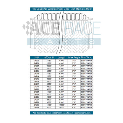 4.000" ID x 6" Long Flex Coupling (Interlock Liner) 304 Stainless