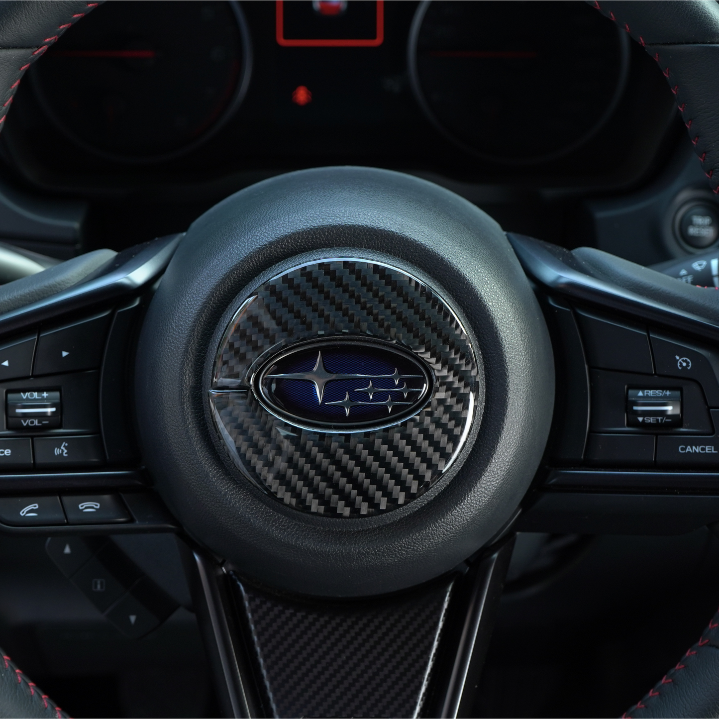 JDMuscle [22-25 WRX] P&S Series Carbon Fiber Airbag Trim Cover | Black Carbon Fiber/ Red Carbon Fiber