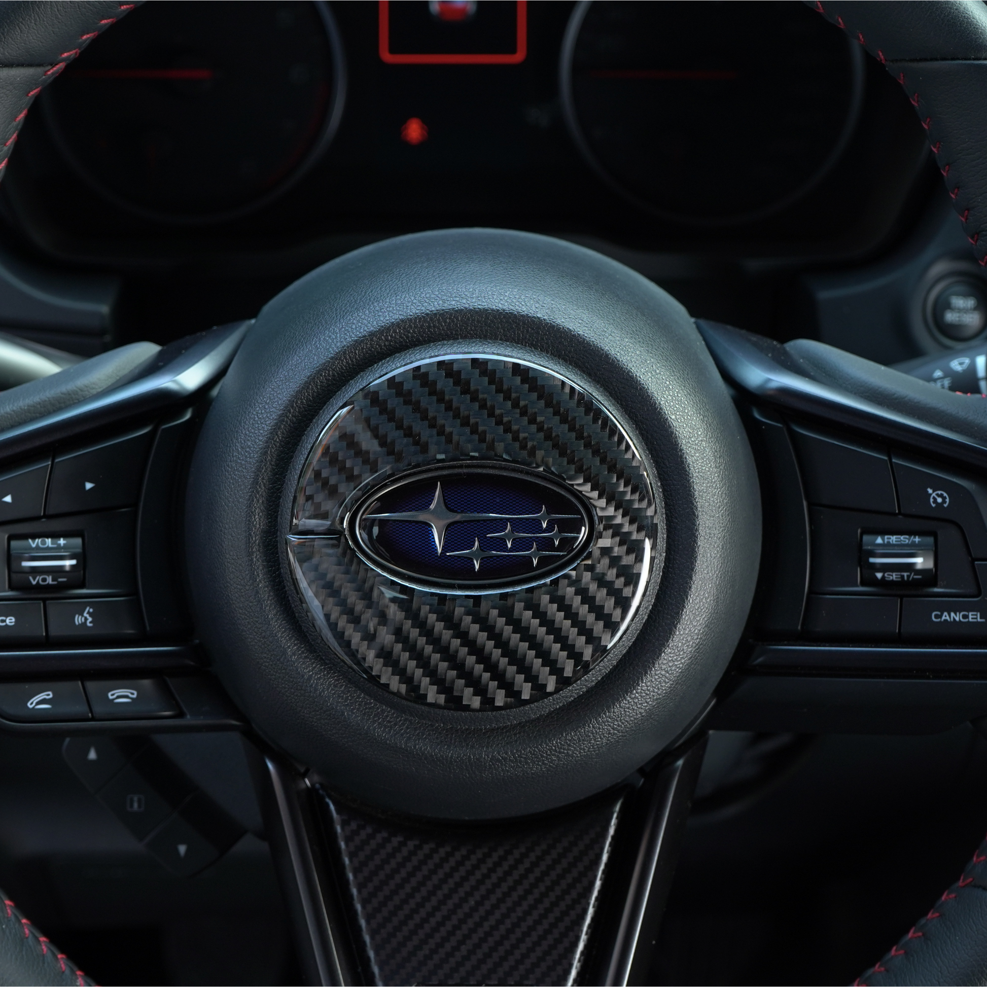 JDMuscle [22-25 WRX] P&S Series Carbon Fiber Airbag Trim Cover | Black Carbon Fiber/ Red Carbon Fiber