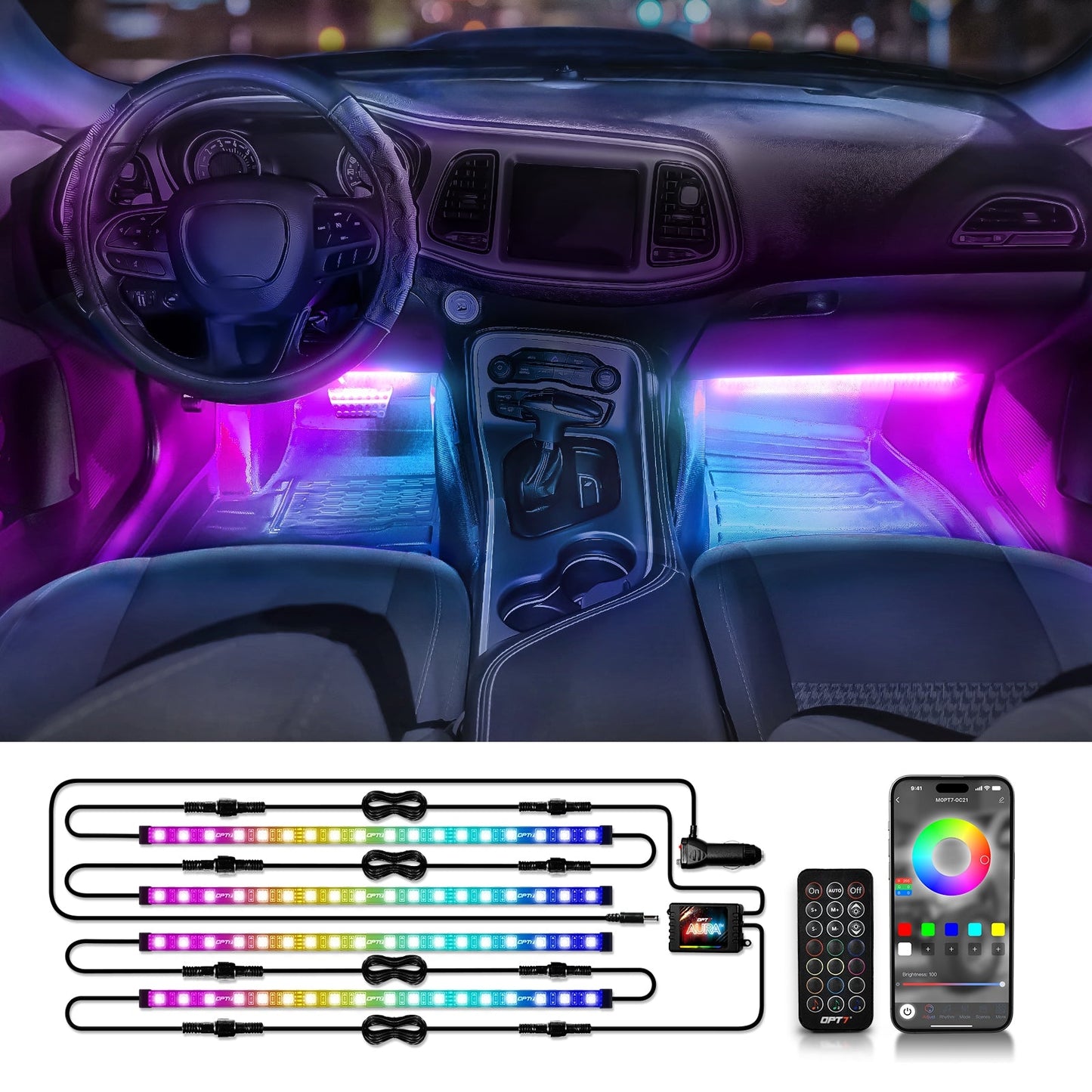 AURA DreamColor LED Interior Ambient Lighting Kit (4 x 12 Inch or 6 x 12-Inch) - Bluetooth APP and Remote Enabled Full Color Spectrum