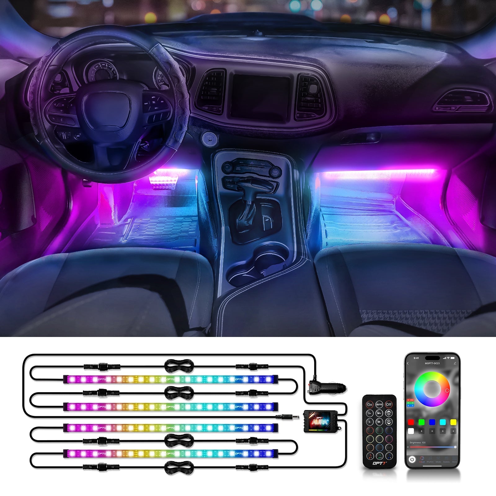 AURA DreamColor LED Interior Ambient Lighting Kit (4 x 12 Inch or 6 x 12-Inch) - Bluetooth APP and Remote Enabled Full Color Spectrum