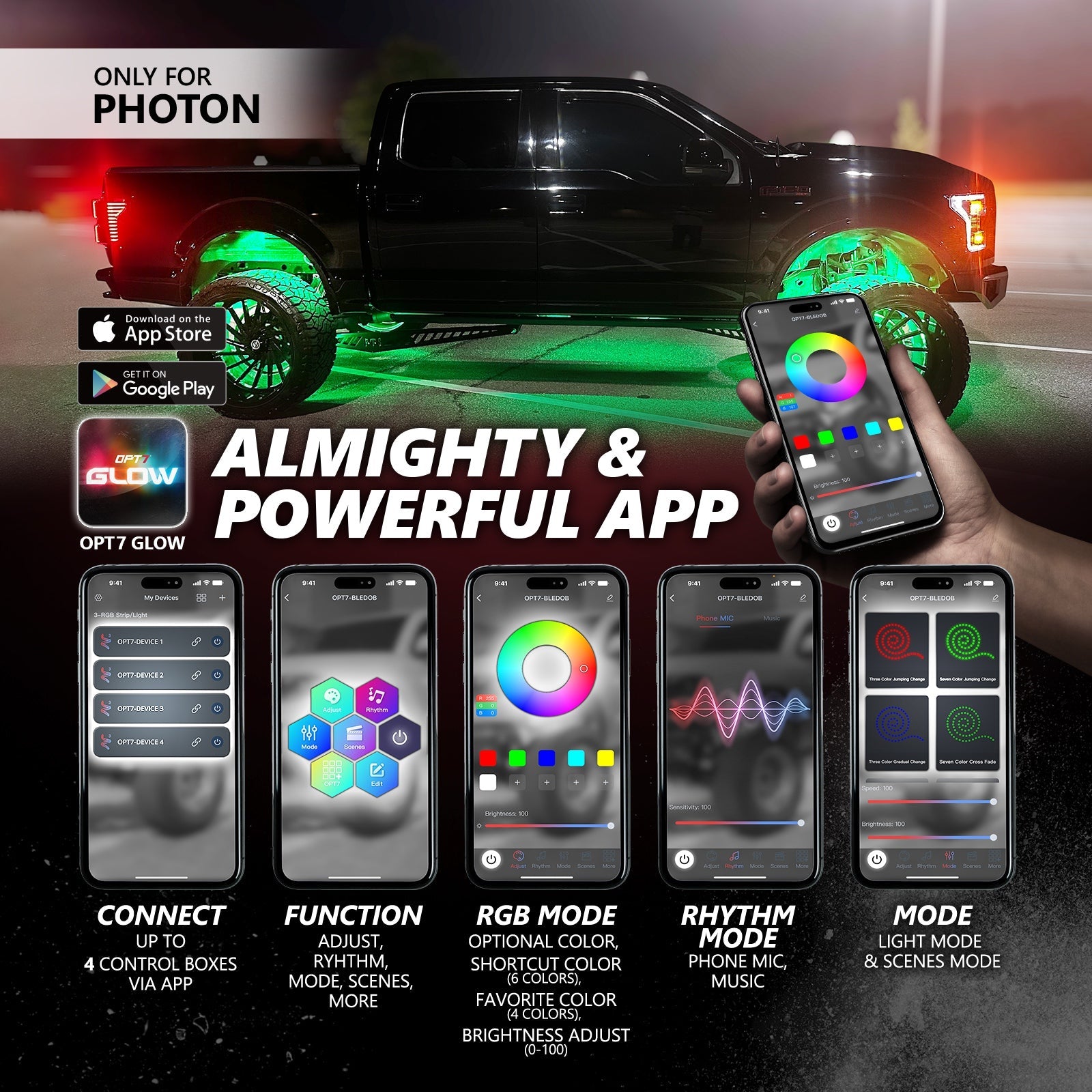 OPT7 Photon RGB 4 Pods Magnet Rock Lights + 2pc 10ft Extension Wires