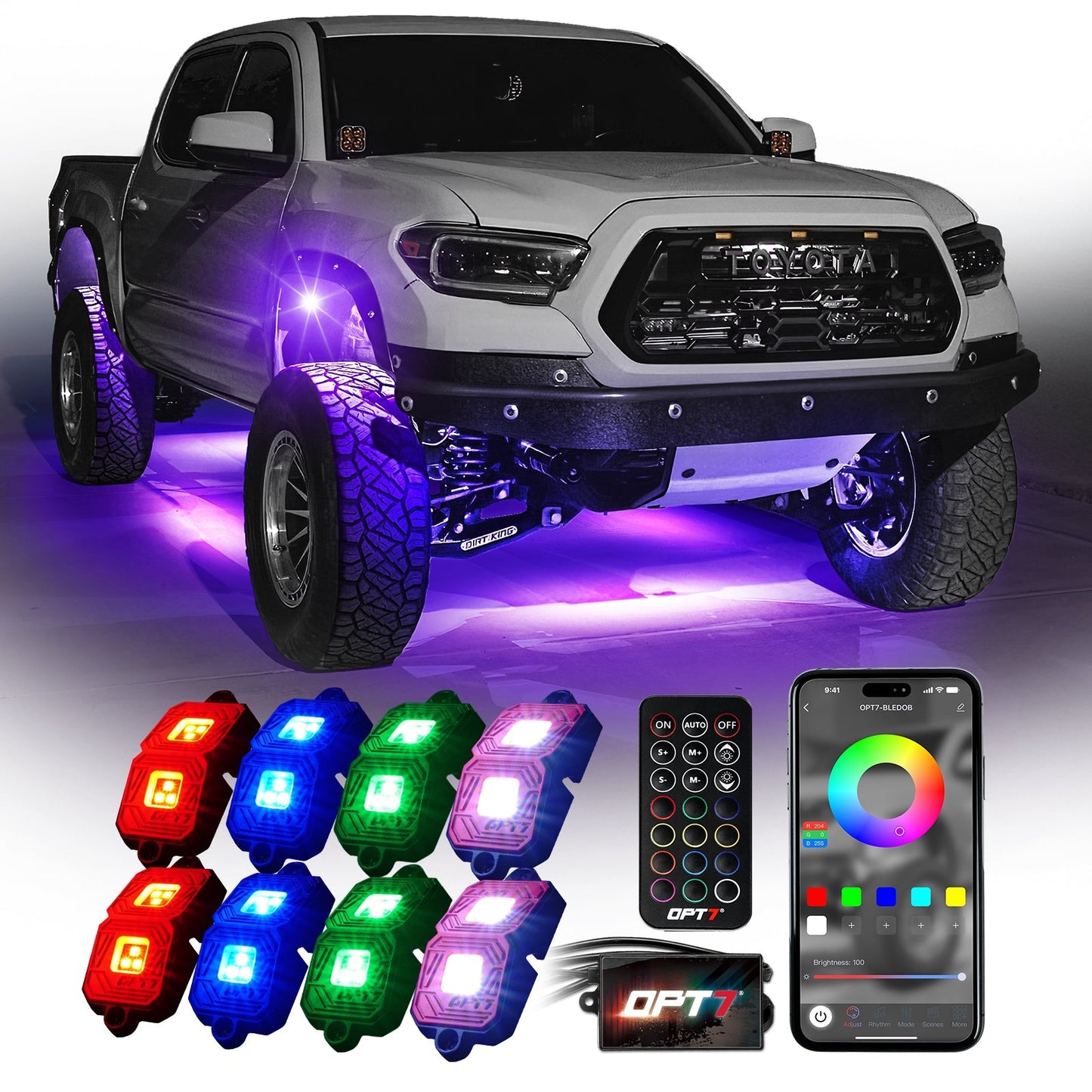 OPT7 Photon RGB 8PCS LED Rock Light w-Magnet Wide Angle Underglow Neon Lighting Kit